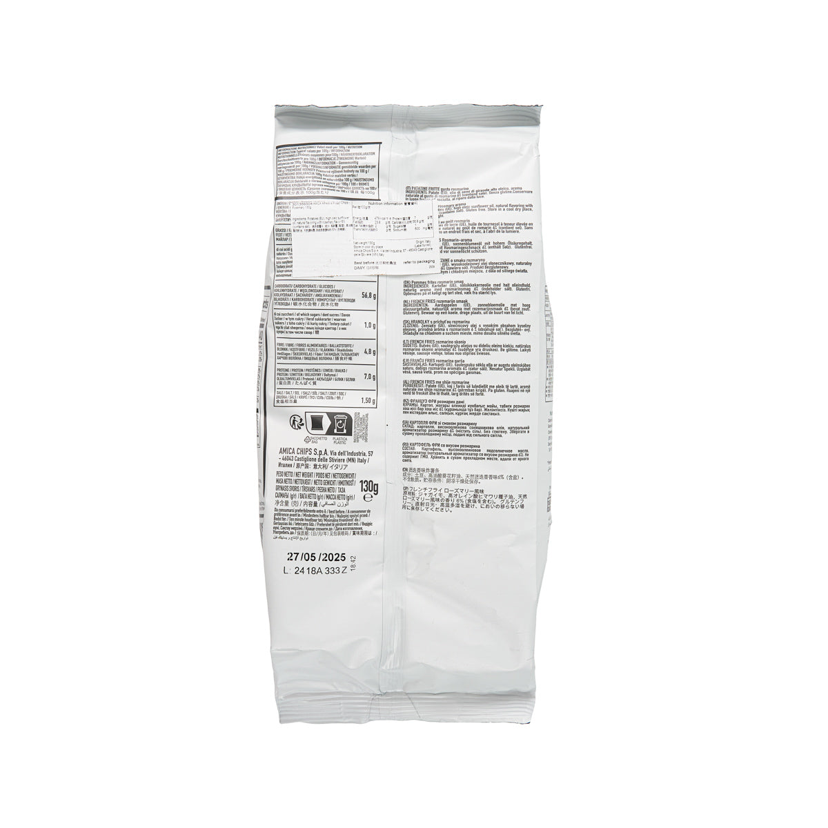 Rosemary potato chips bag, AMICA Alfredo's, back panel with nutrition and ingredients