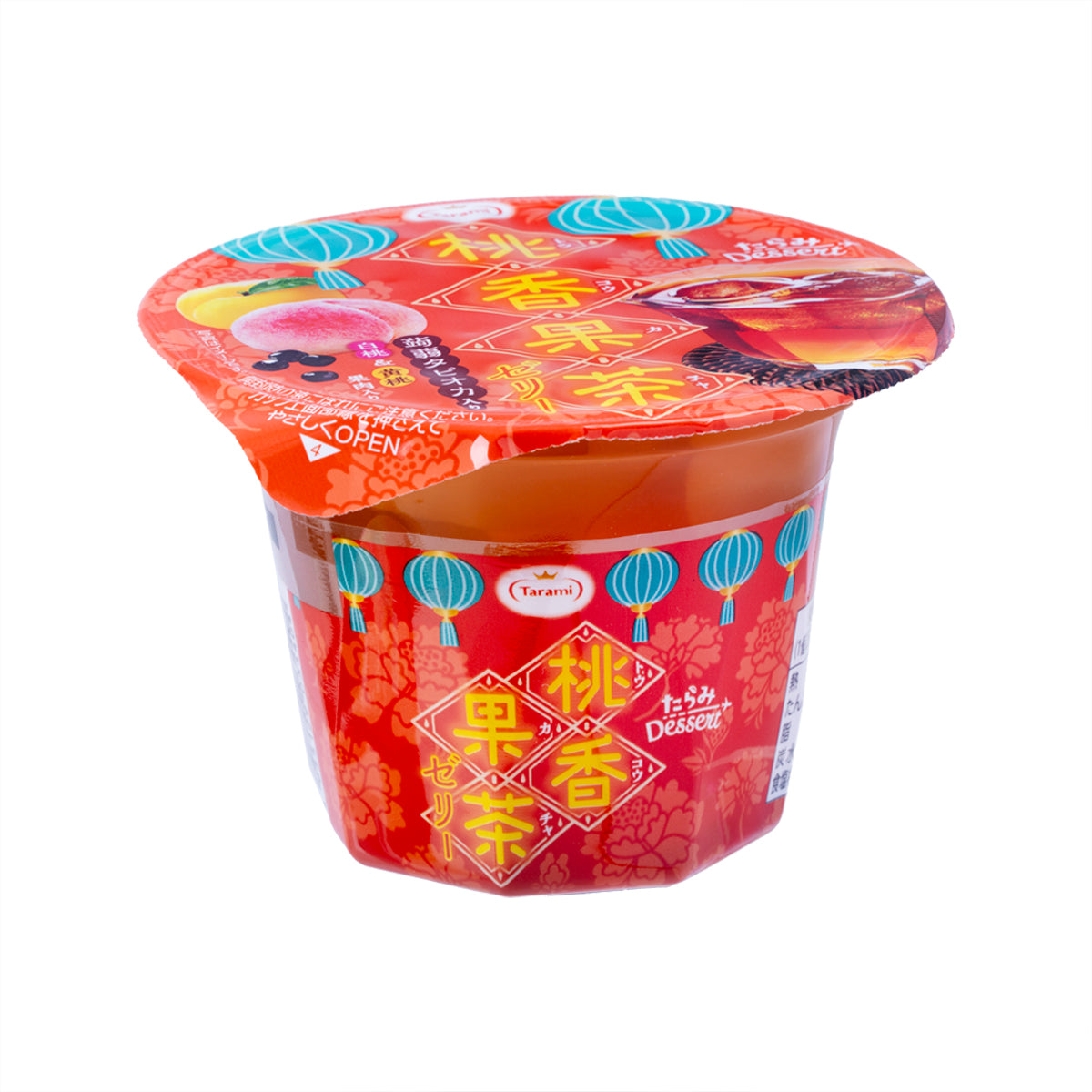 TARAMI peach & oolong tea jelly cup, red-orange container with teal balloon design