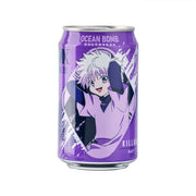 Purple sparkling water can with Ocean Bomb and character graphic on front