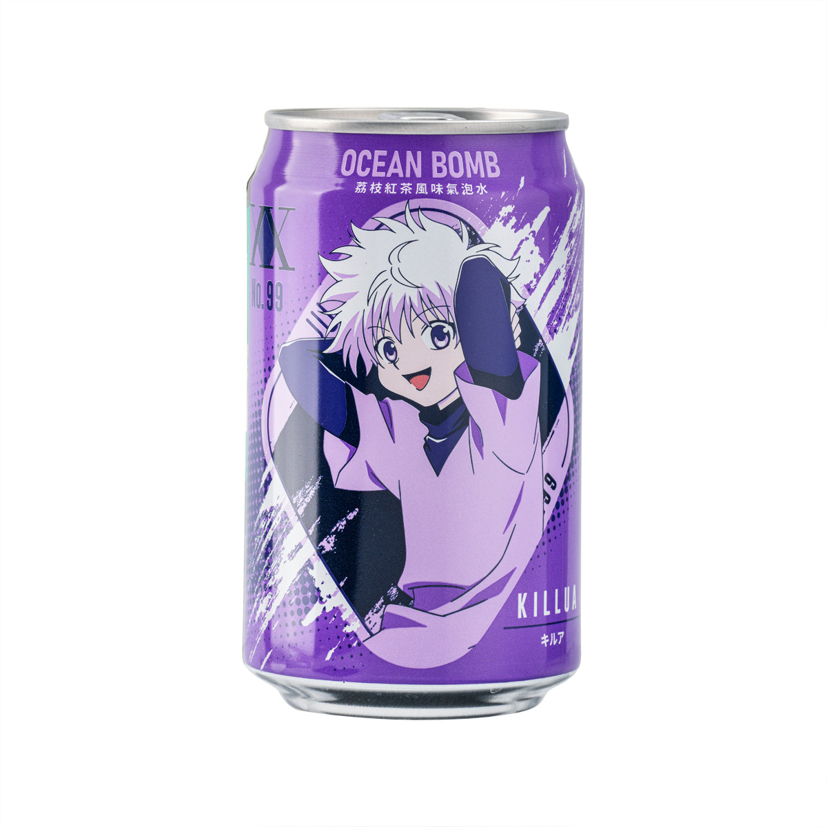 Purple sparkling water can with Ocean Bomb and character graphic on front