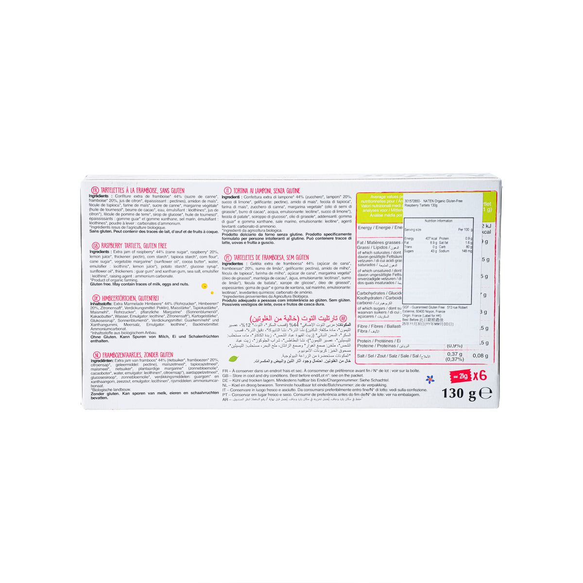 NATEN raspberry tartlets box back with ingredients and nutrition info, 130 g