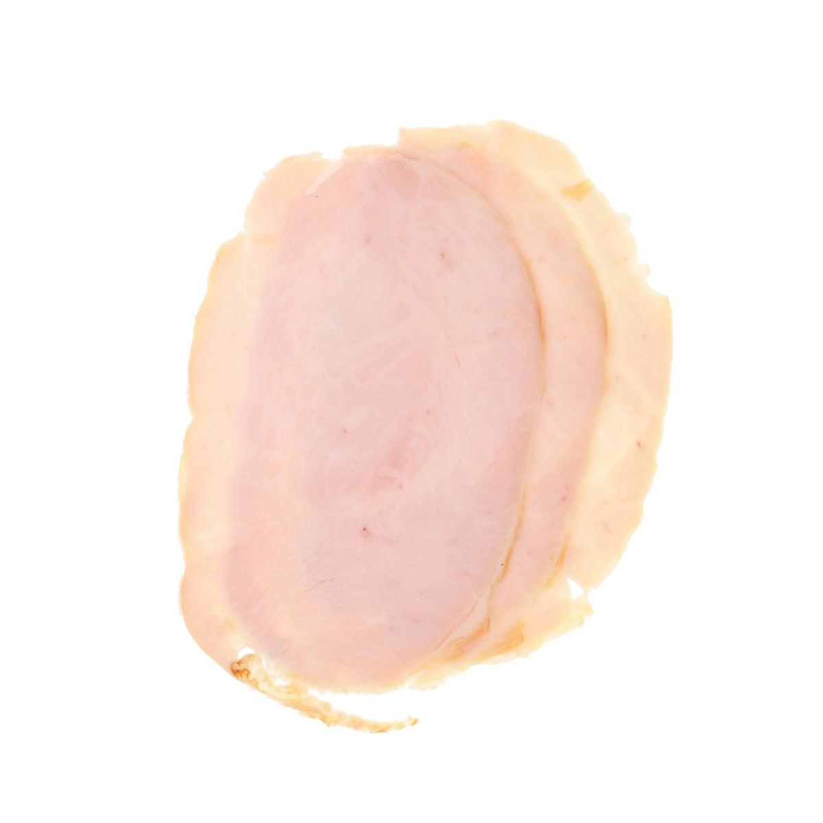 Hickory smoked turkey breast slice, pale pink with light smoked edges