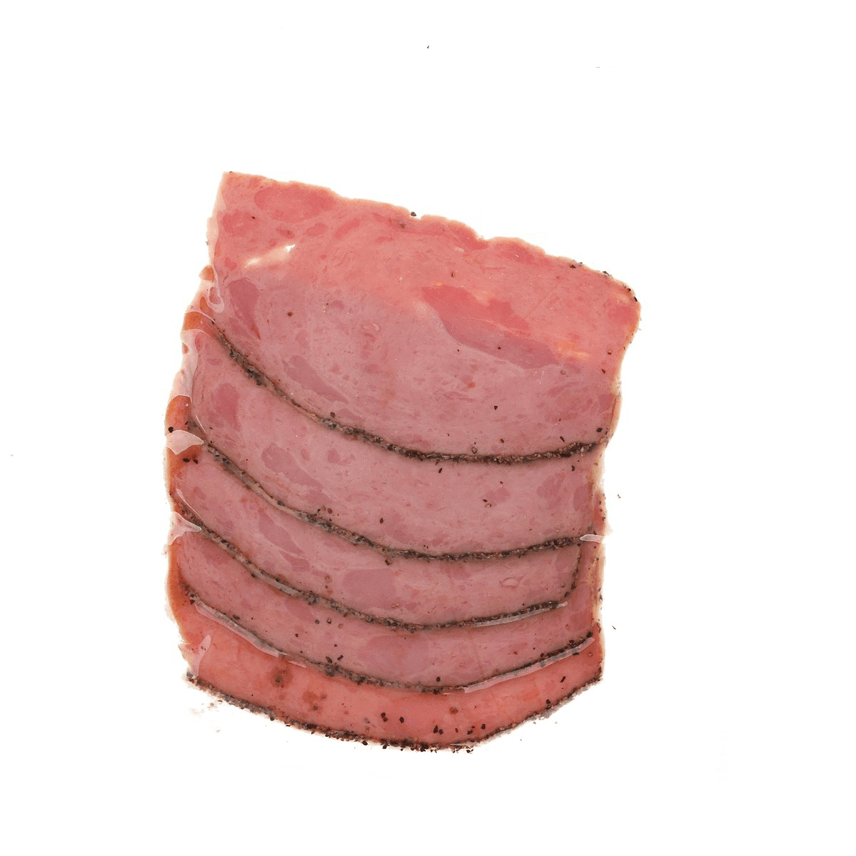 Stack of sliced turkey pastrami, pink-red deli meat