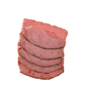 Stack of sliced turkey pastrami, pink-red deli meat