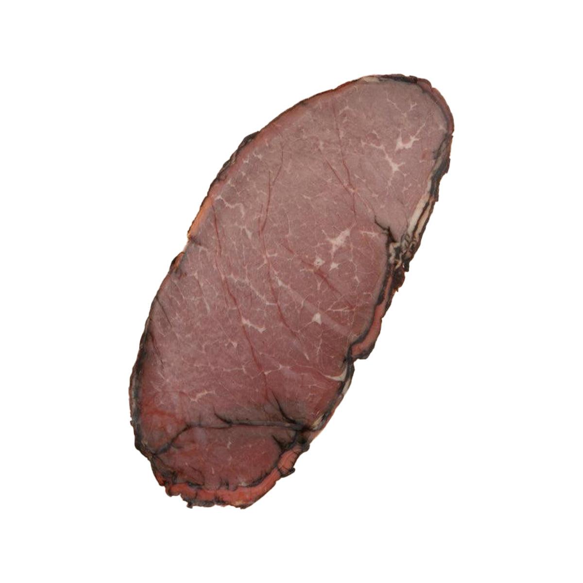 Roasted beef slice, dark reddish-brown exterior with marbled meat