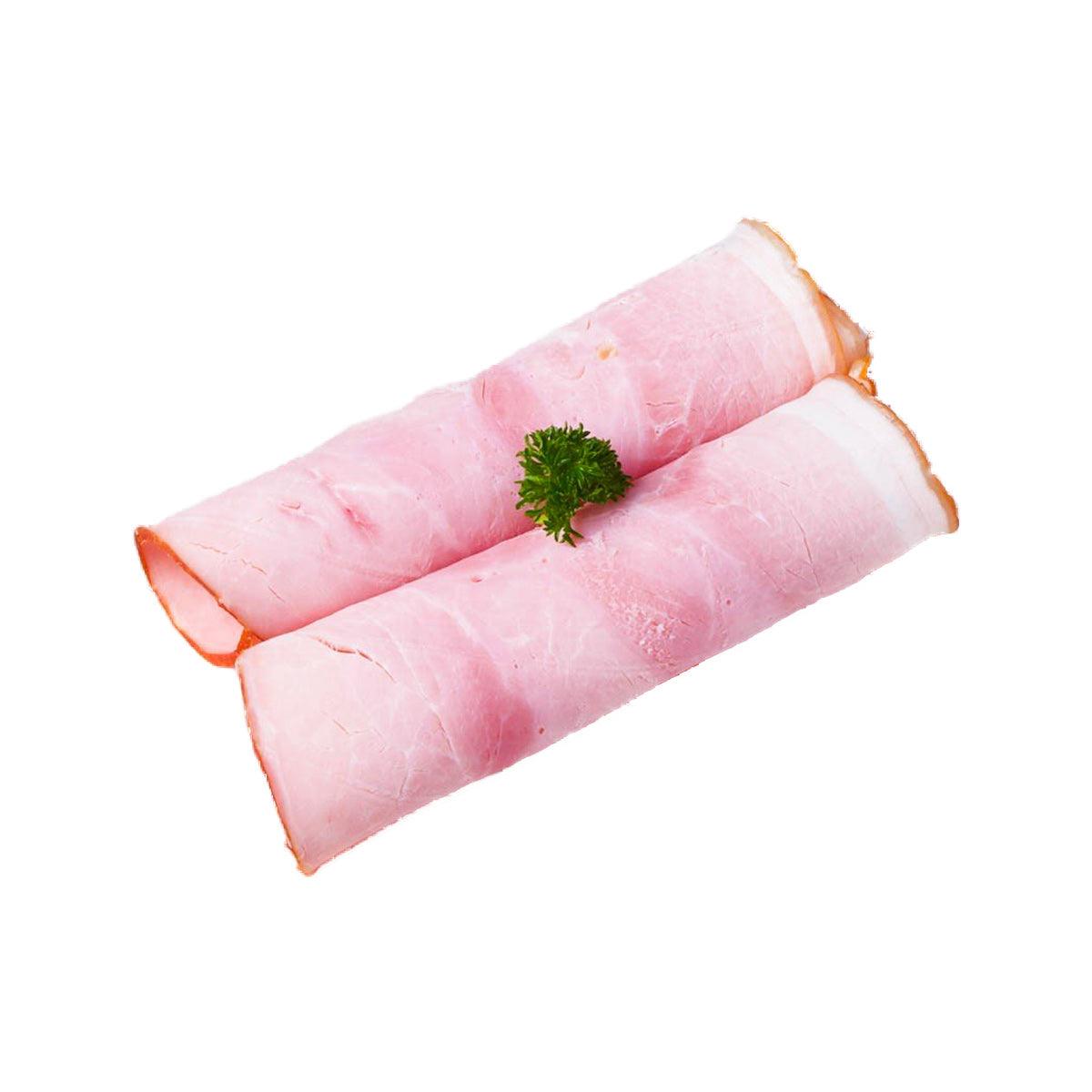 Smoked ham roll, pink cured meat with parsley garnish, 150 g