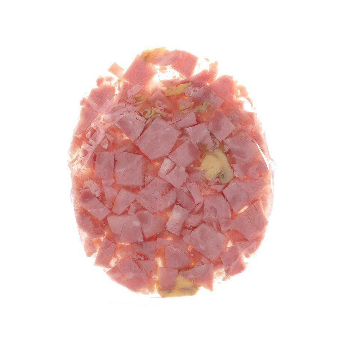 Ham in aspic with visible mushroom pieces, molded in a round slice.