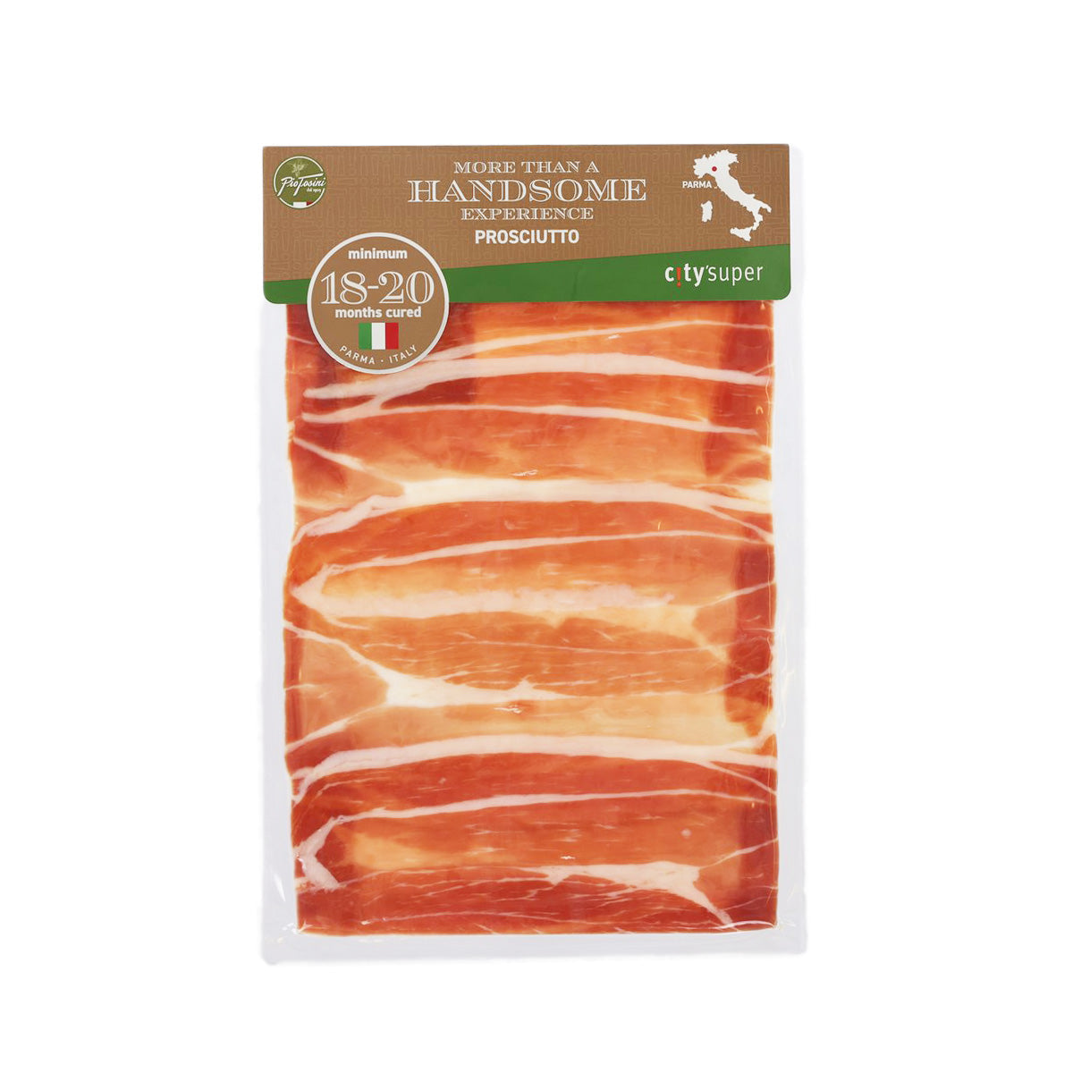 Boneless prosciutto ham pack, 18–20 months cured, thin red-and-white marbled slices