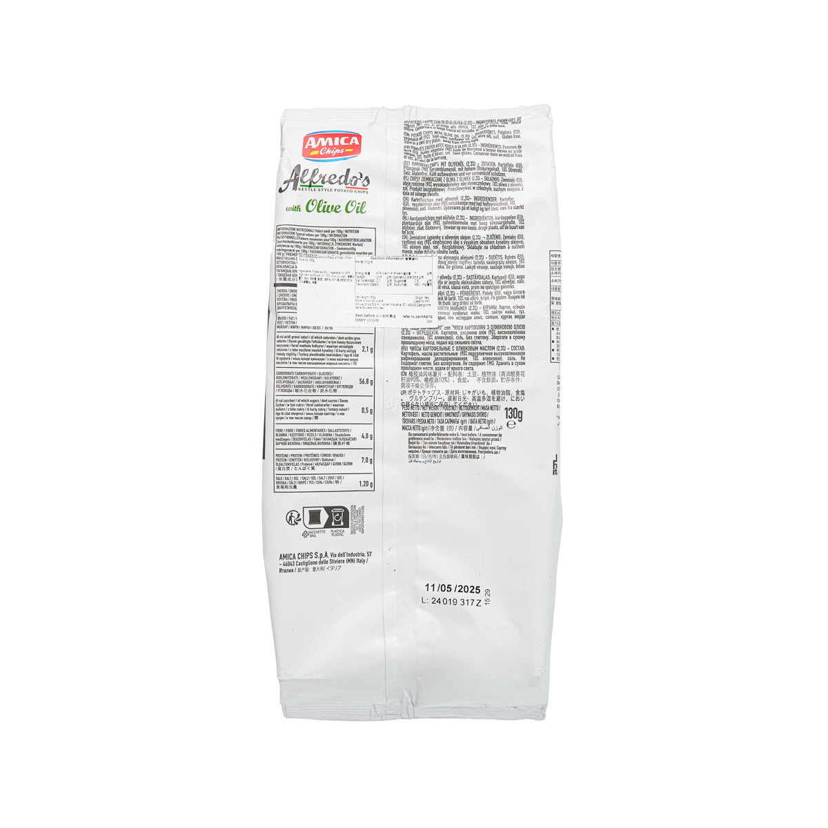 Potato chips bag back with ingredient and nutrition panel, olive oil, 130 g