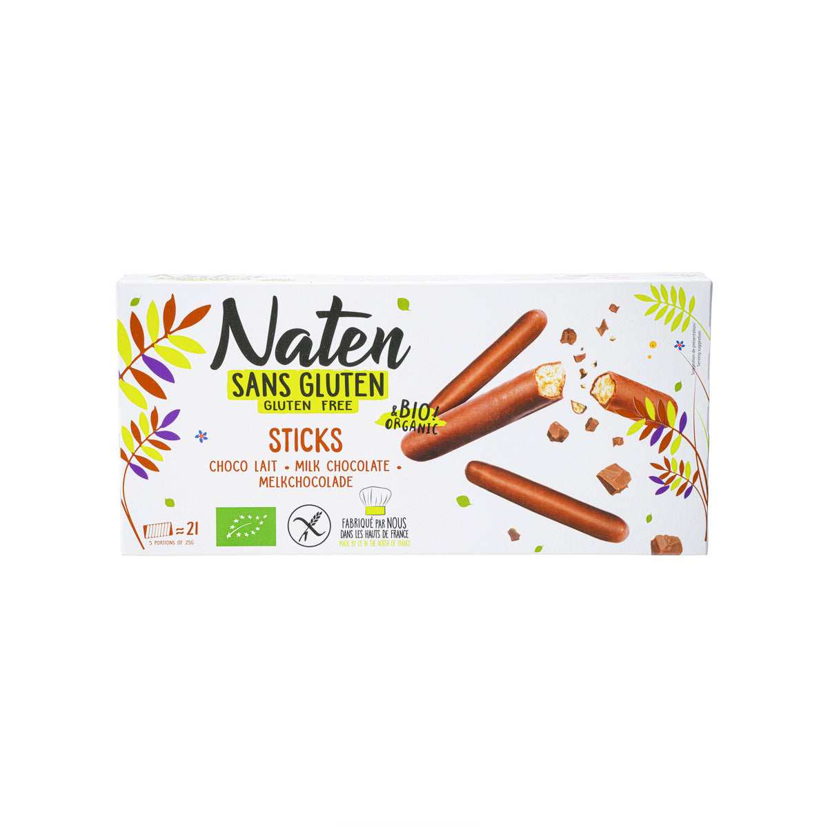 NATEN gluten-free milk chocolate biscuit sticks box, front with stick illustrations