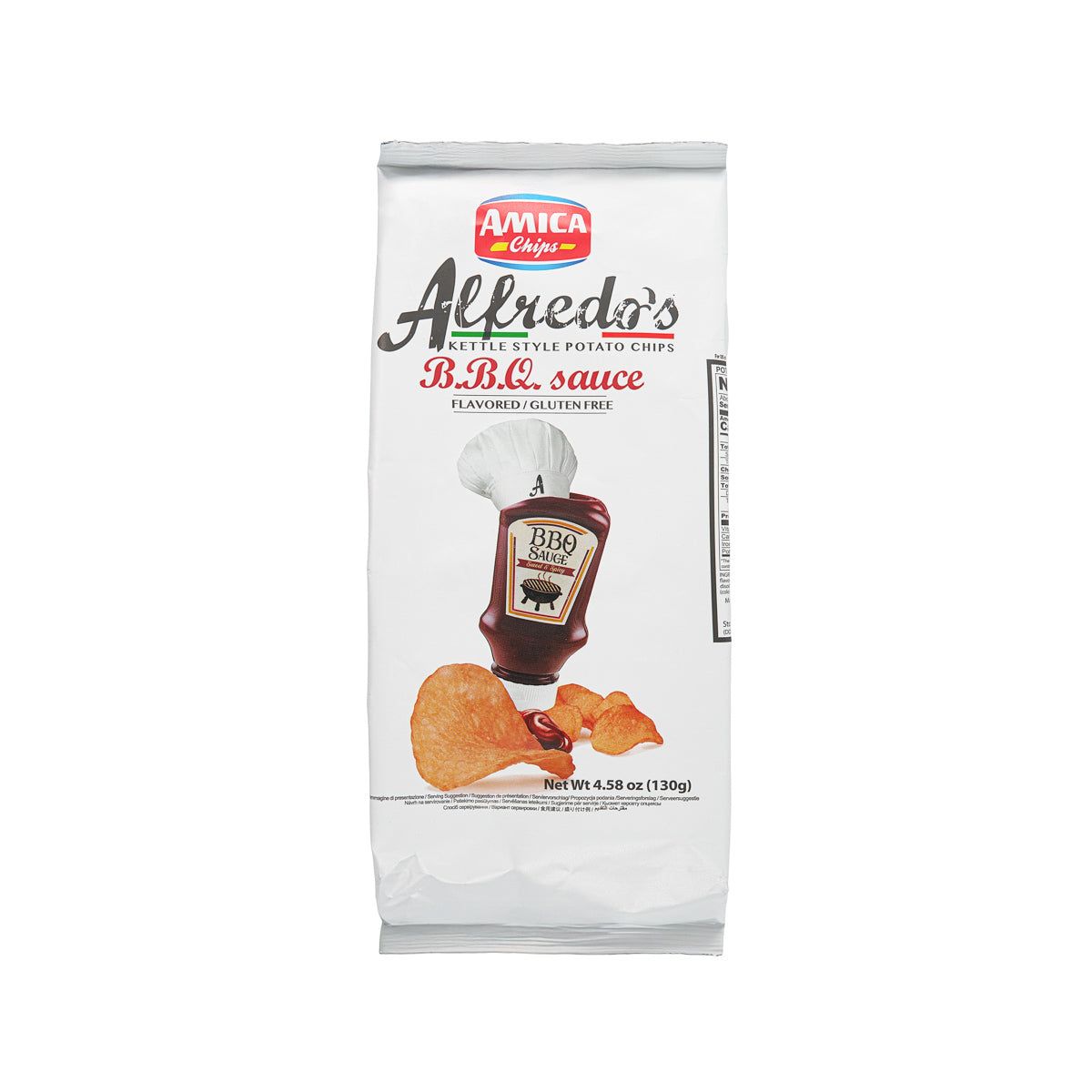 BBQ sauce potato chips bag, 130 g, front label with AMICA Alfredo's branding.