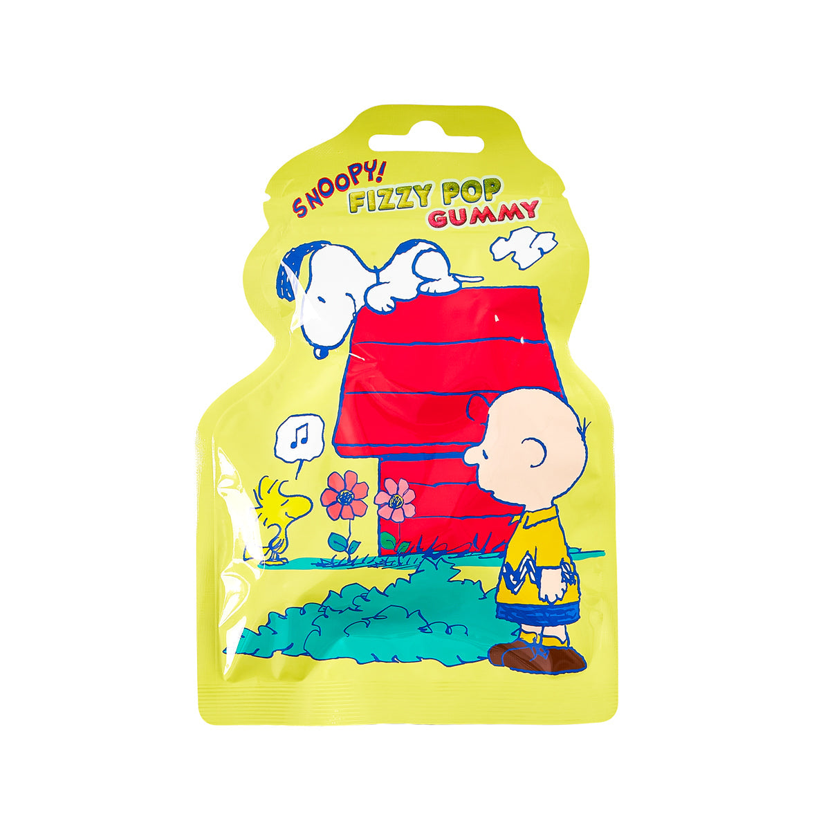 Snoopy fizzy pop gummy candy pouch, front artwork with red-striped house and figures