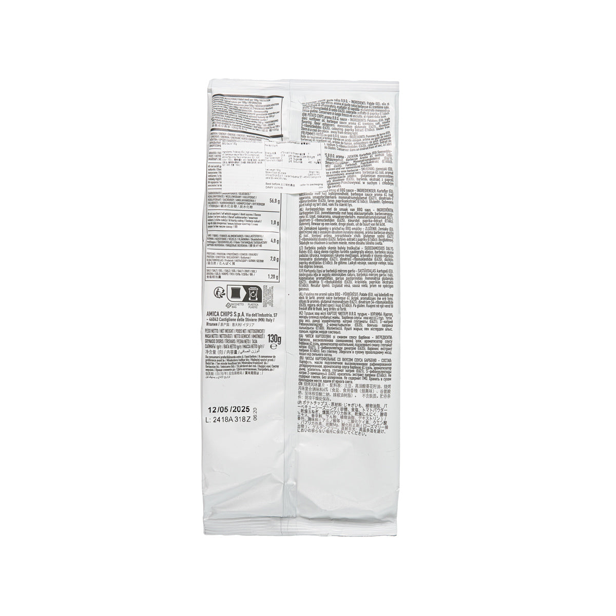 BBQ sauce potato chips bag, back view with ingredient and nutrition information.