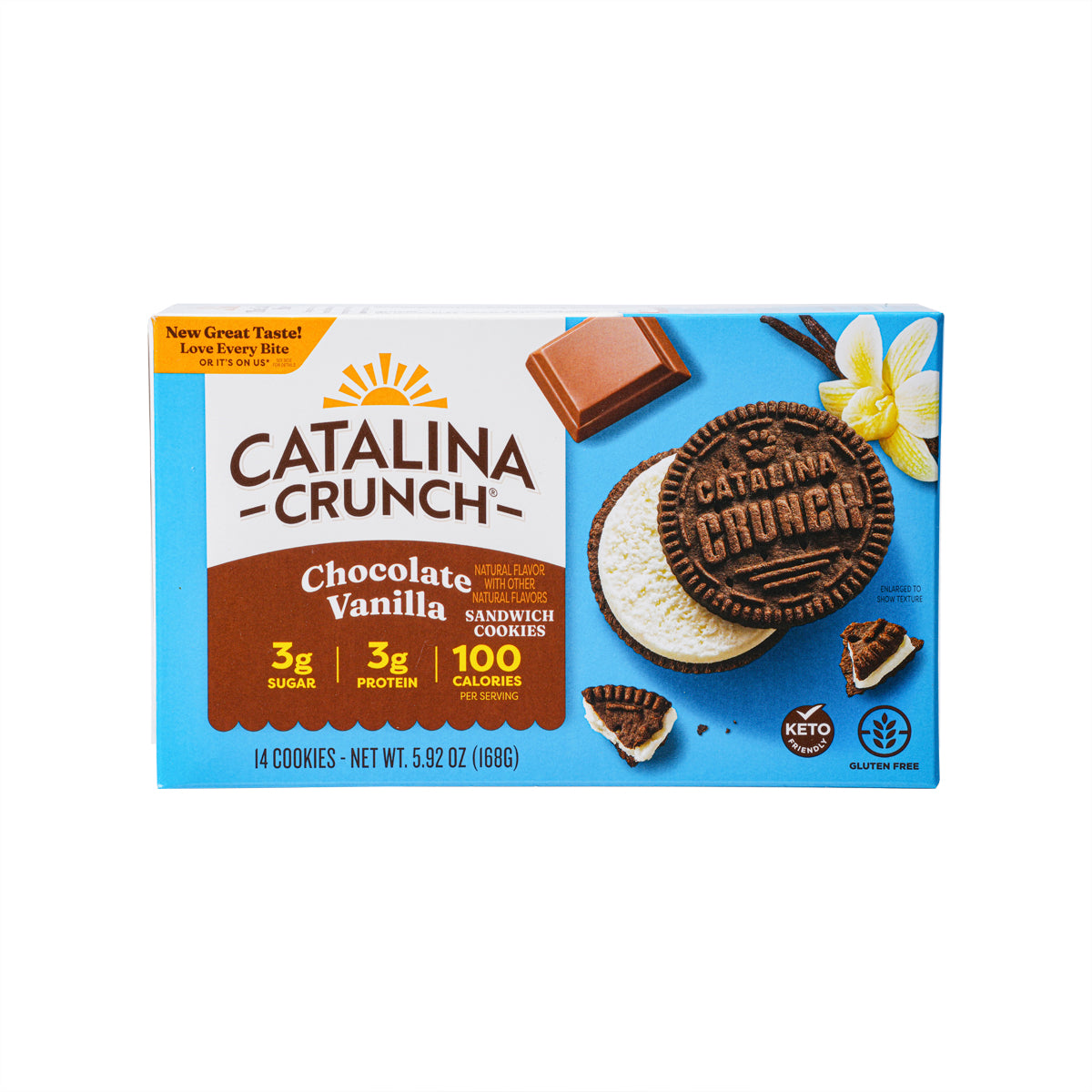 Chocolate and vanilla sandwich cookie box, with round cookies on front panel