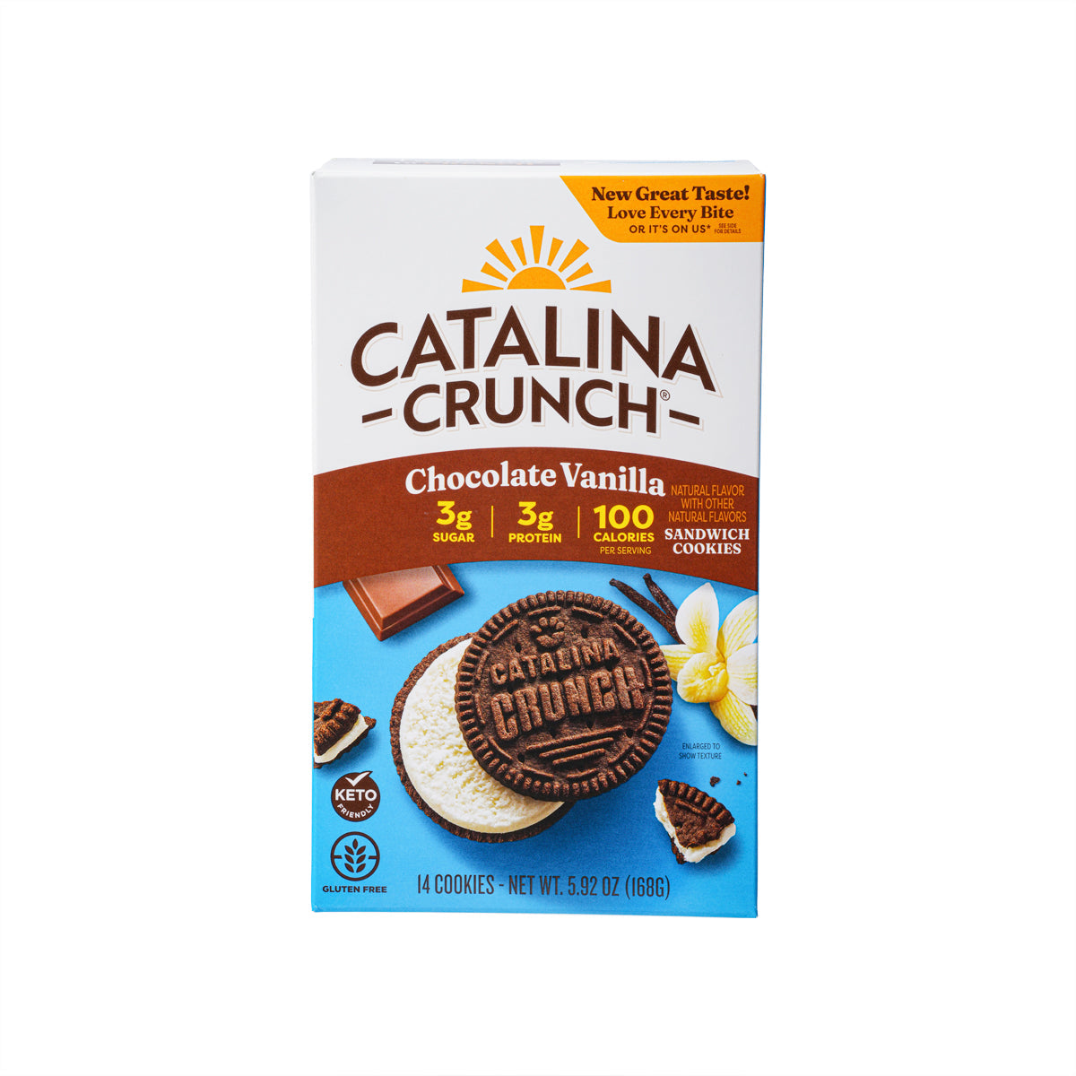 Chocolate and vanilla sandwich cookie box front, featuring cookie and vanilla bean graphic