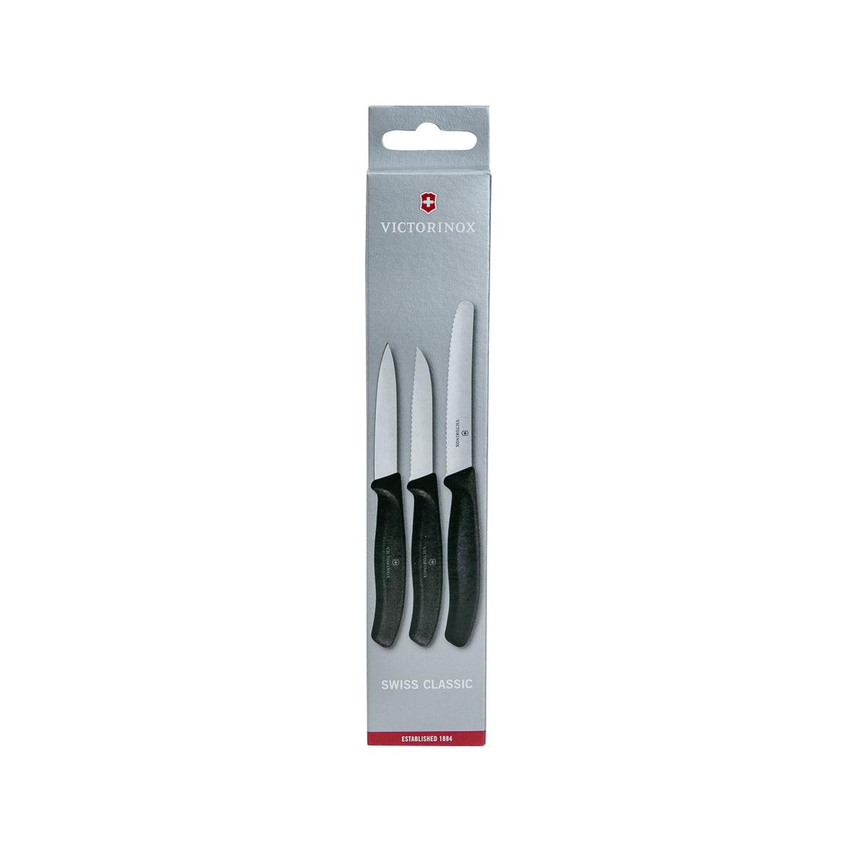 3-pack paring knives with black handles and stainless steel blades in retail box