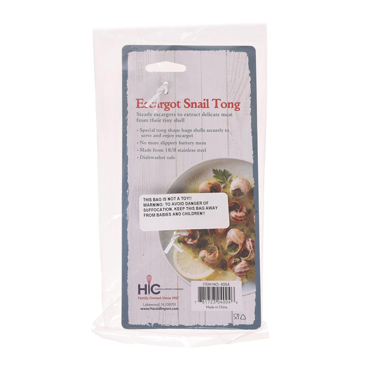 Escargot snail tongs in clear bag with info card on back packaging