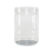 Clear plastic jar with hinged lid, cylindrical storage container