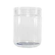 Clear plastic container with screw-on lid, cylindrical shape