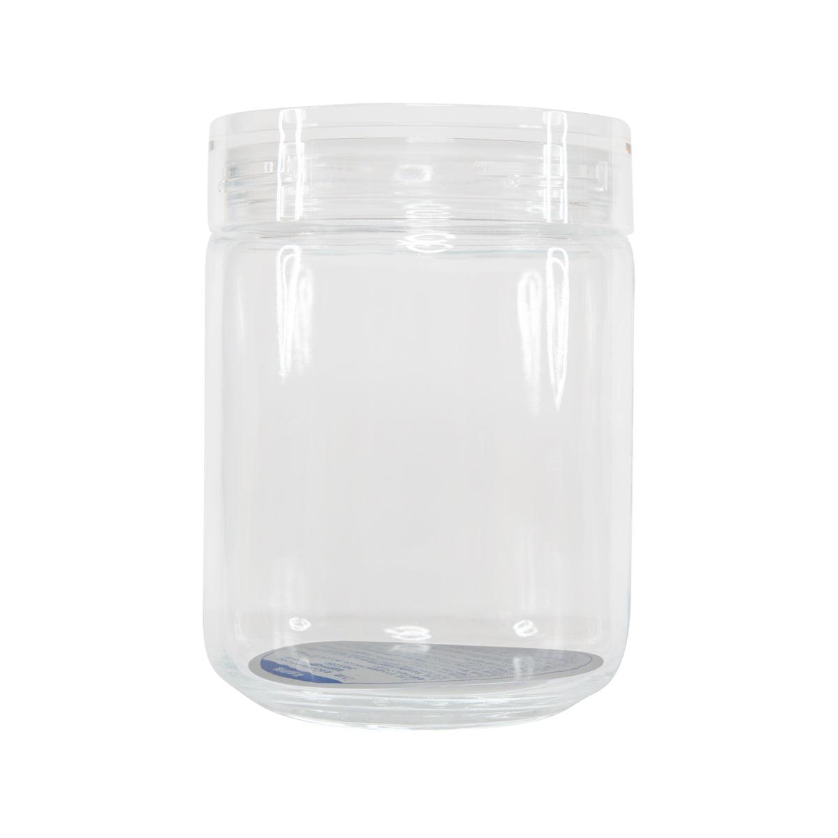 Clear plastic container with screw-on lid, cylindrical shape
