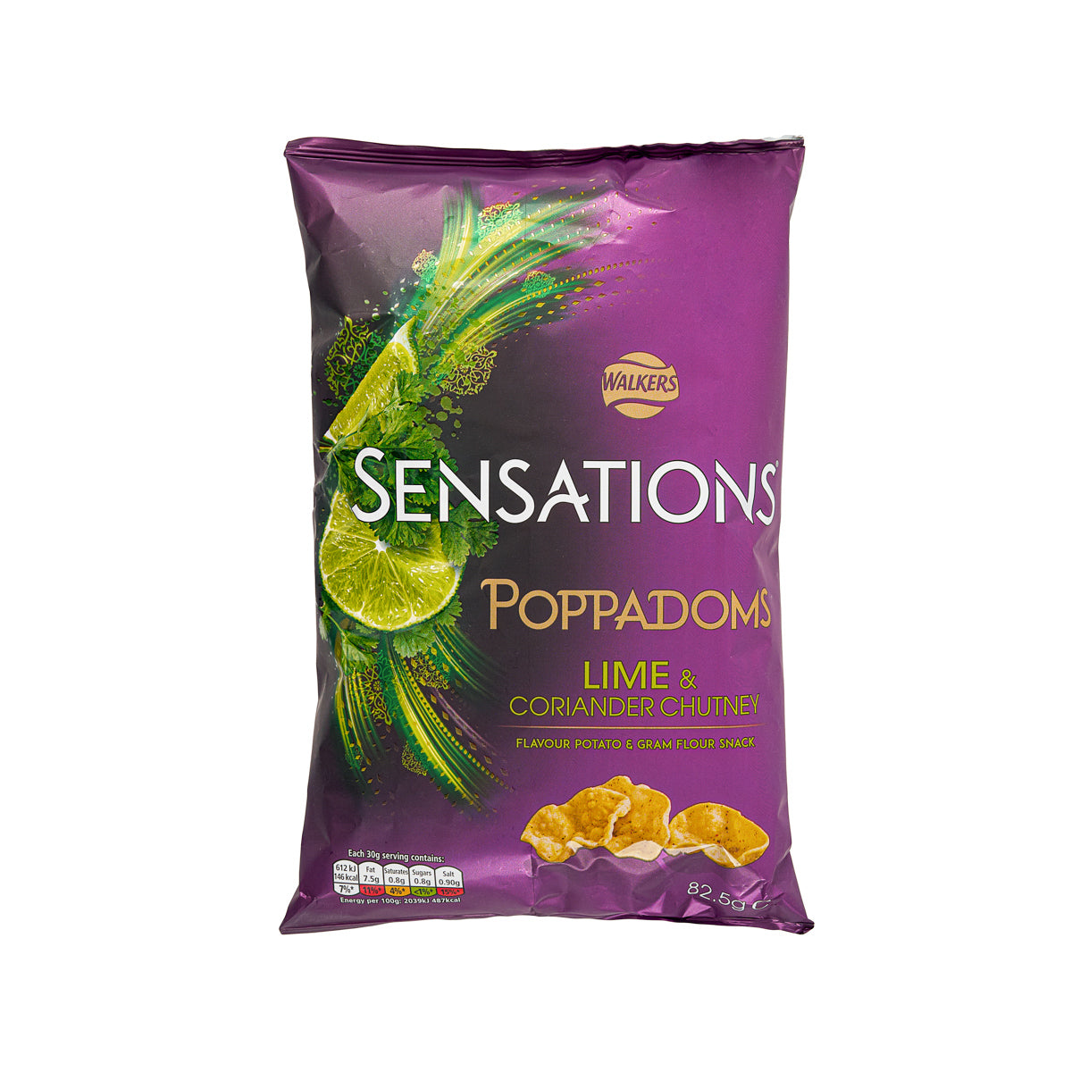 WALKERS SENSATIONS poppadoms snack bag, purple pack with lime & coriander chutney