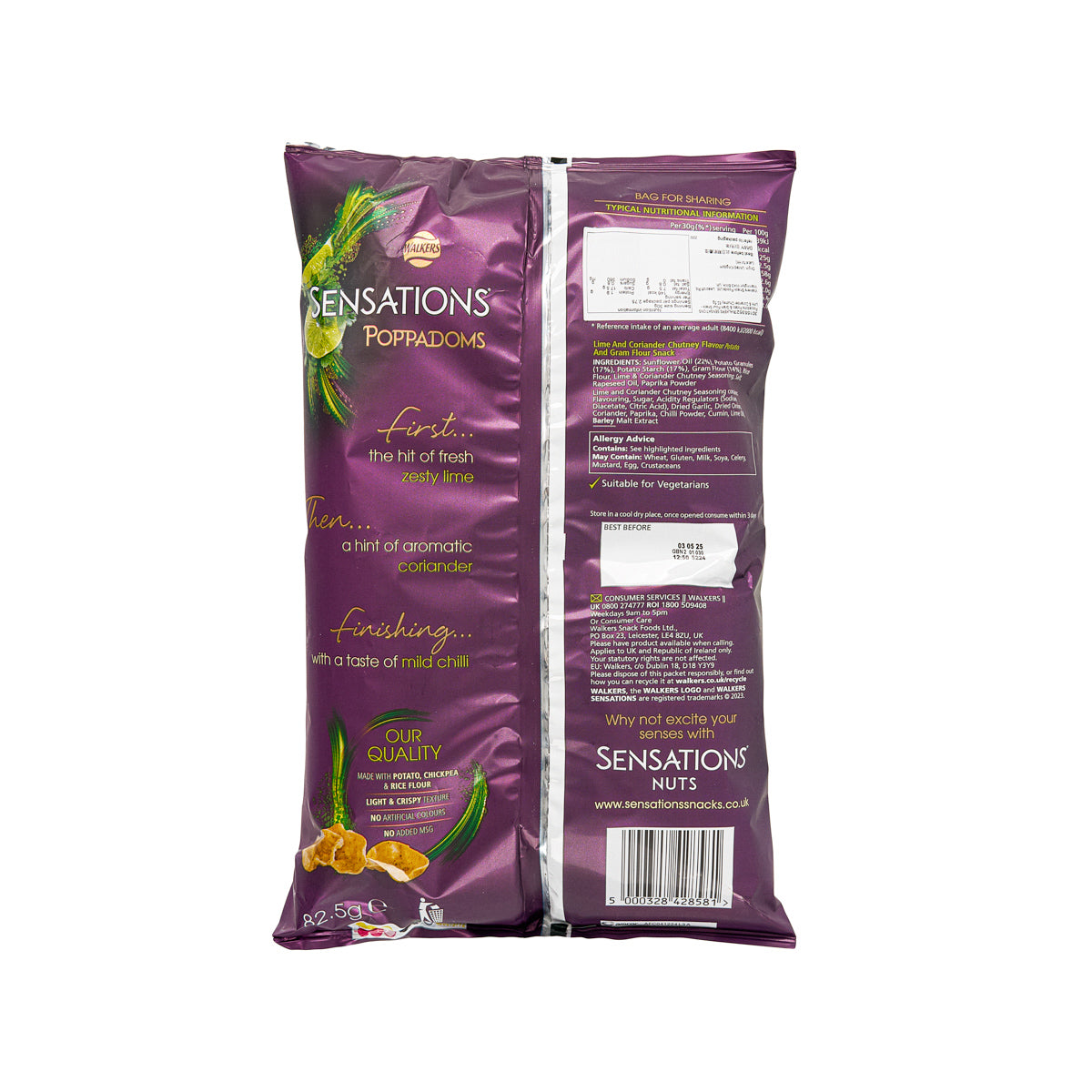 WALKERS SENSATIONS poppadoms snack bag, back panel with barcode and ingredients