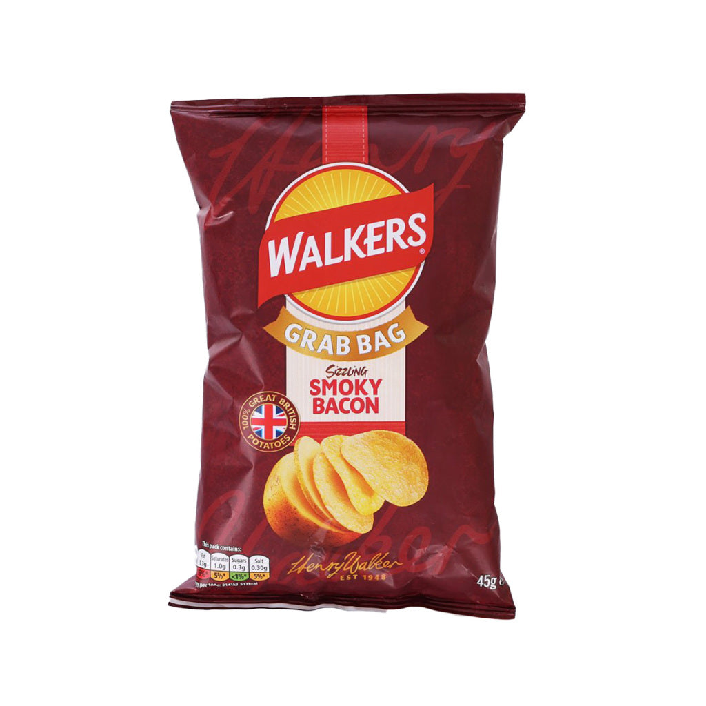 WALKERS grab bag smoky bacon potato crisps, 45g, dark red chip packet