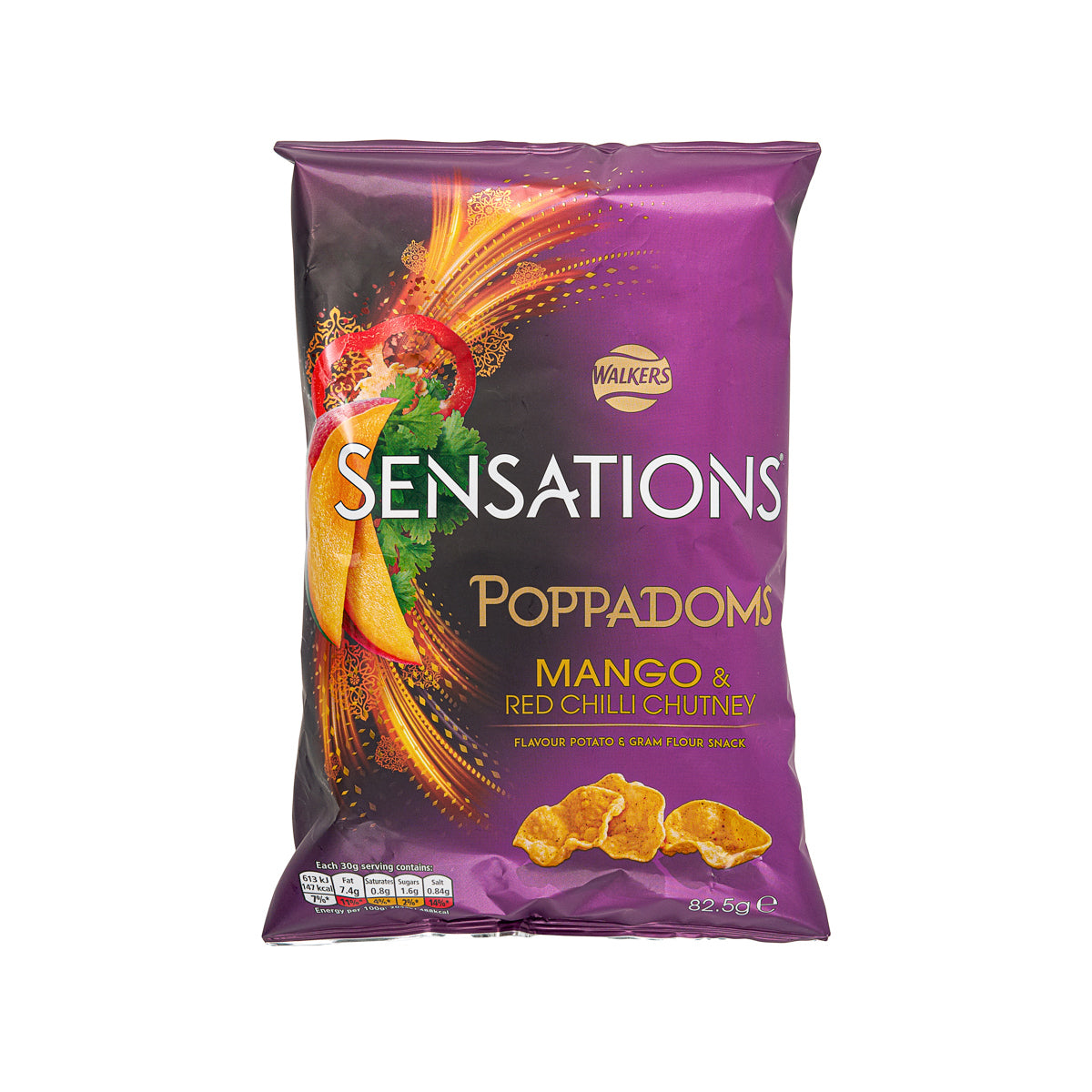 WALKERS SENSATIONS poppadoms snack bag, purple, Mango & red chilli chutney, 82.5g