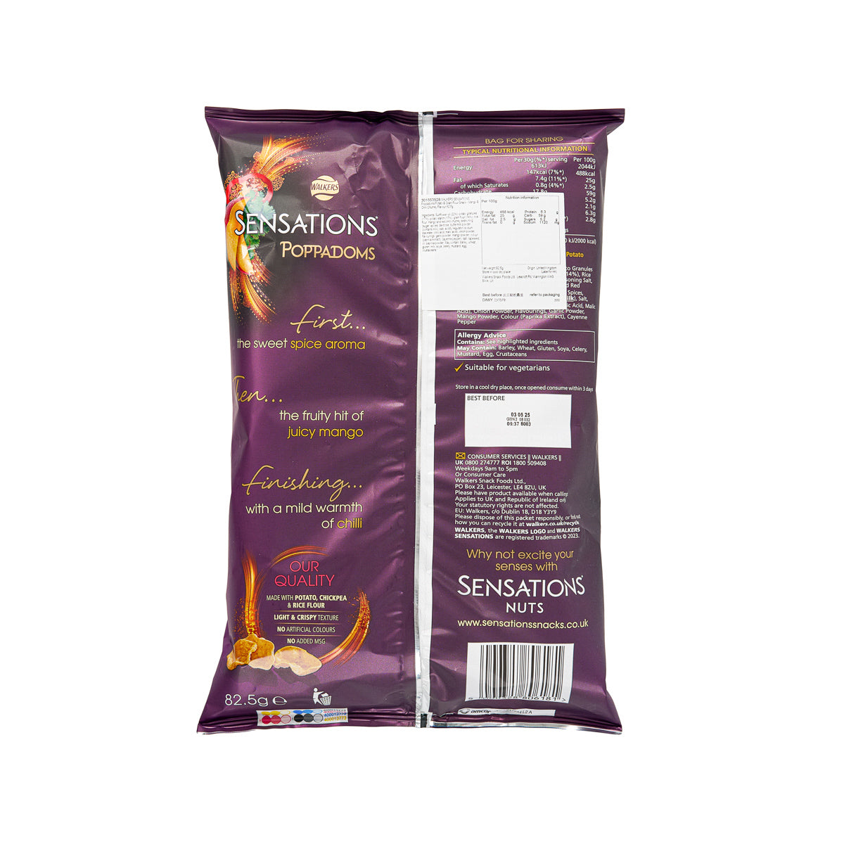 WALKERS SENSATIONS poppadoms snack bag, back panel with ingredients and nutrition facts