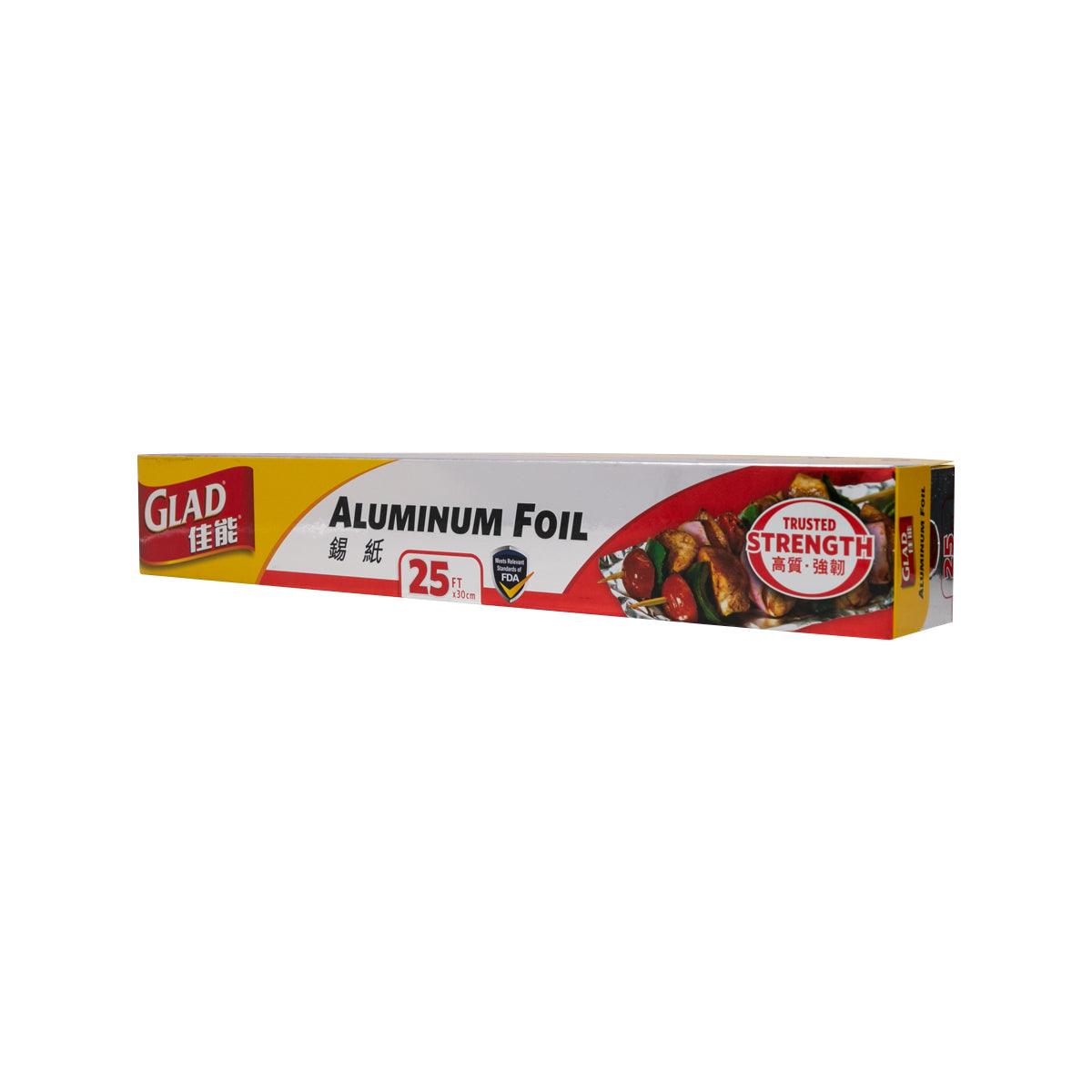 GLAD aluminum foil, 25 ft box showing Aluminum Foil and Strength icons