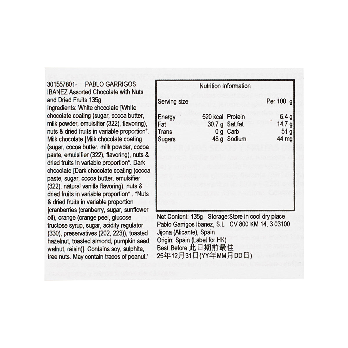Assorted chocolate gift box nutrition facts panel with serving size details