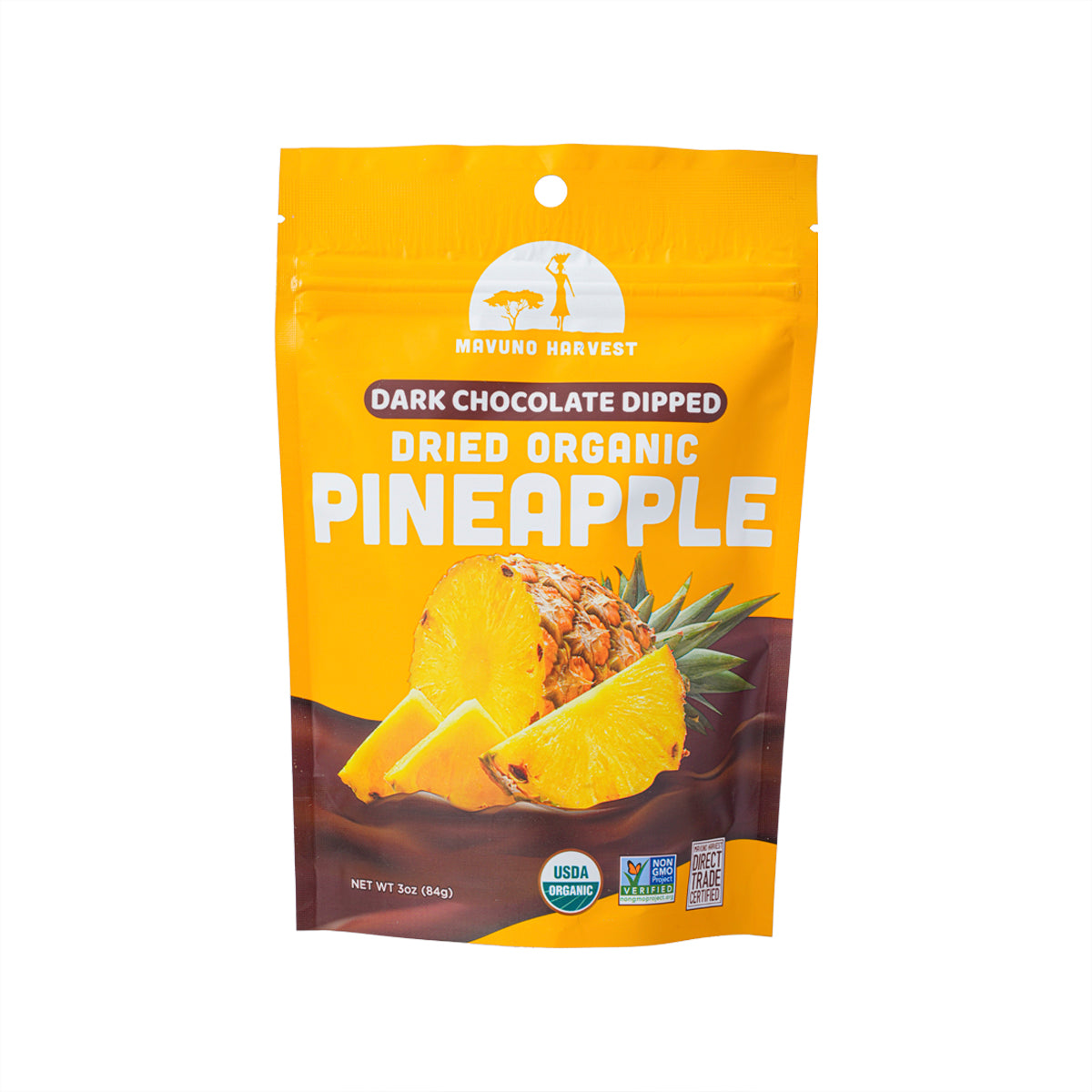 MAVUNO HARVEST dark chocolate-dipped dried organic pineapple pouch with pineapple slices