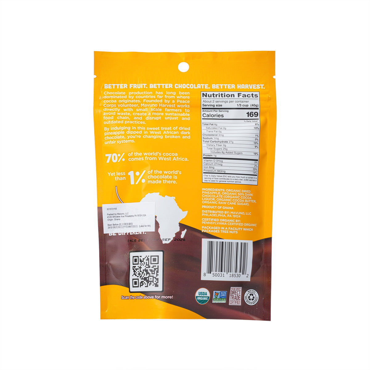 MAVUNO HARVEST dark chocolate-dipped dried organic pineapple pouch back with Nutrition Facts