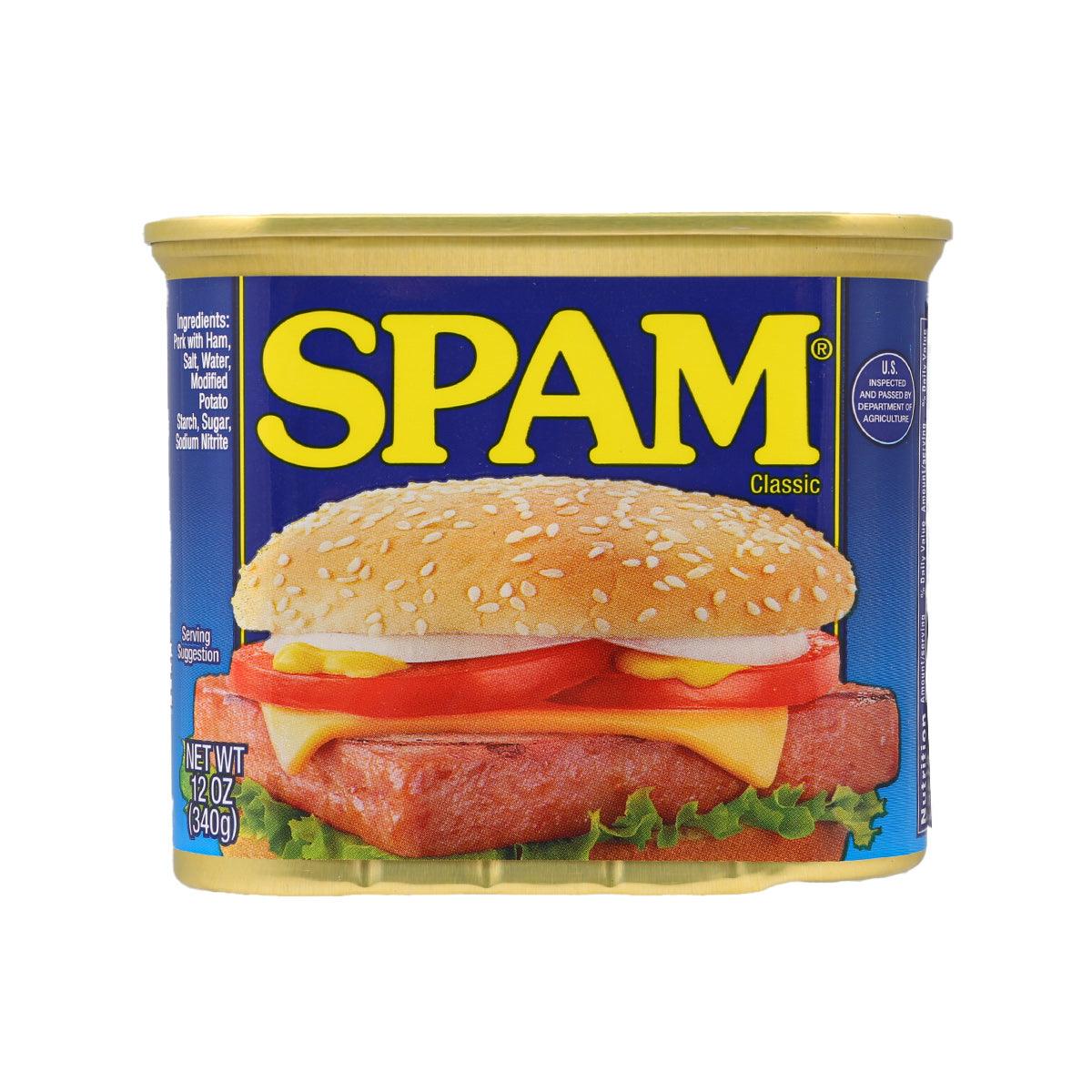 SPAM Classic luncheon meat can, blue label with sandwich photo and yellow lid