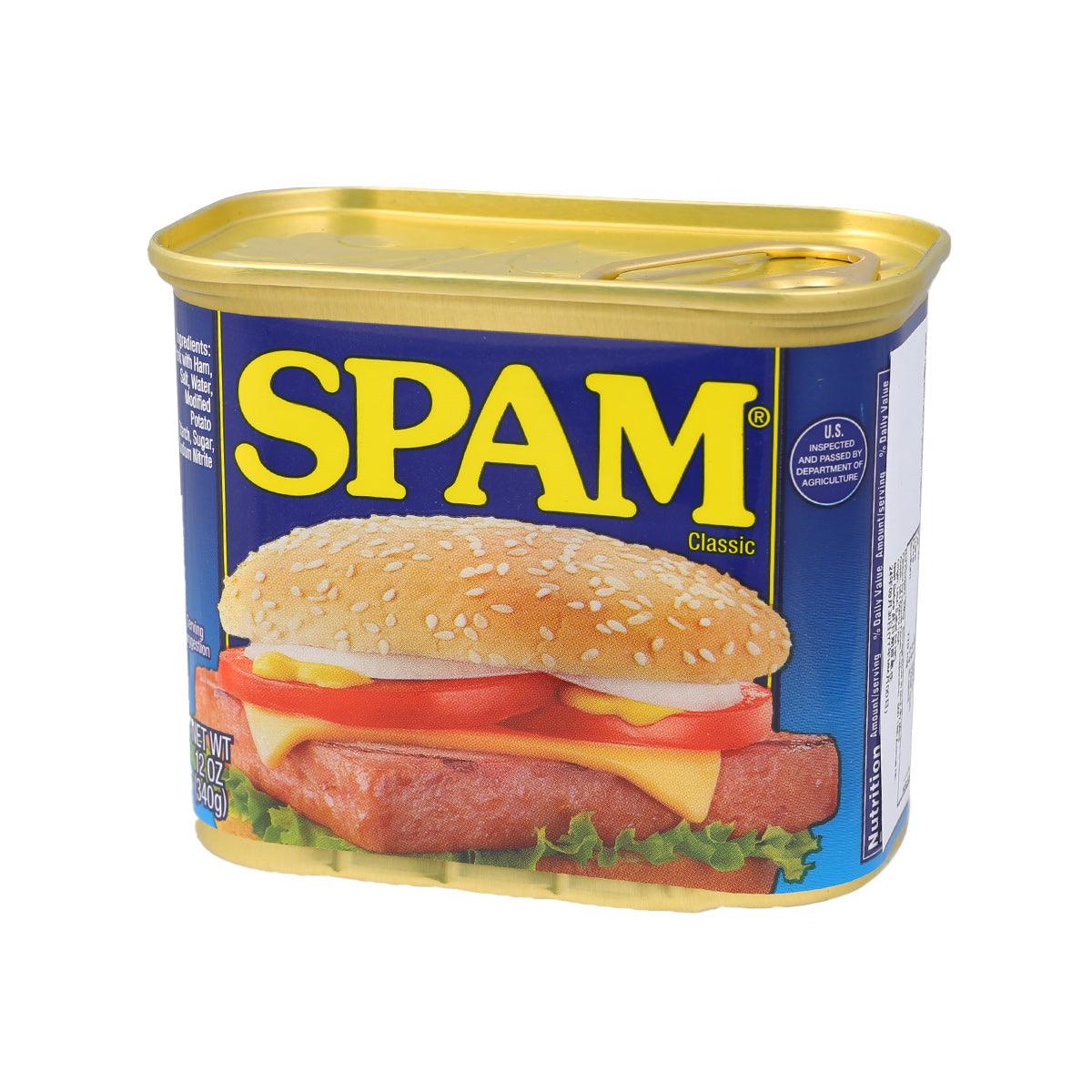 SPAM Classic luncheon meat can, blue label angled view with sandwich graphic and yellow lid