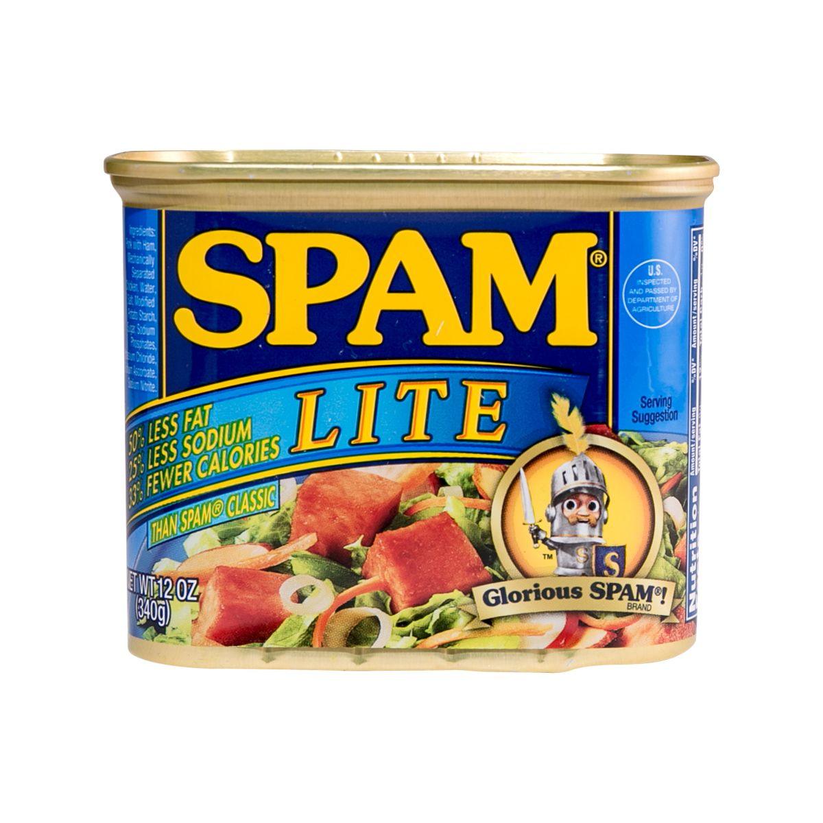 SPAM Lite luncheon meat can, 340g, blue label with SPAM logo and mascot