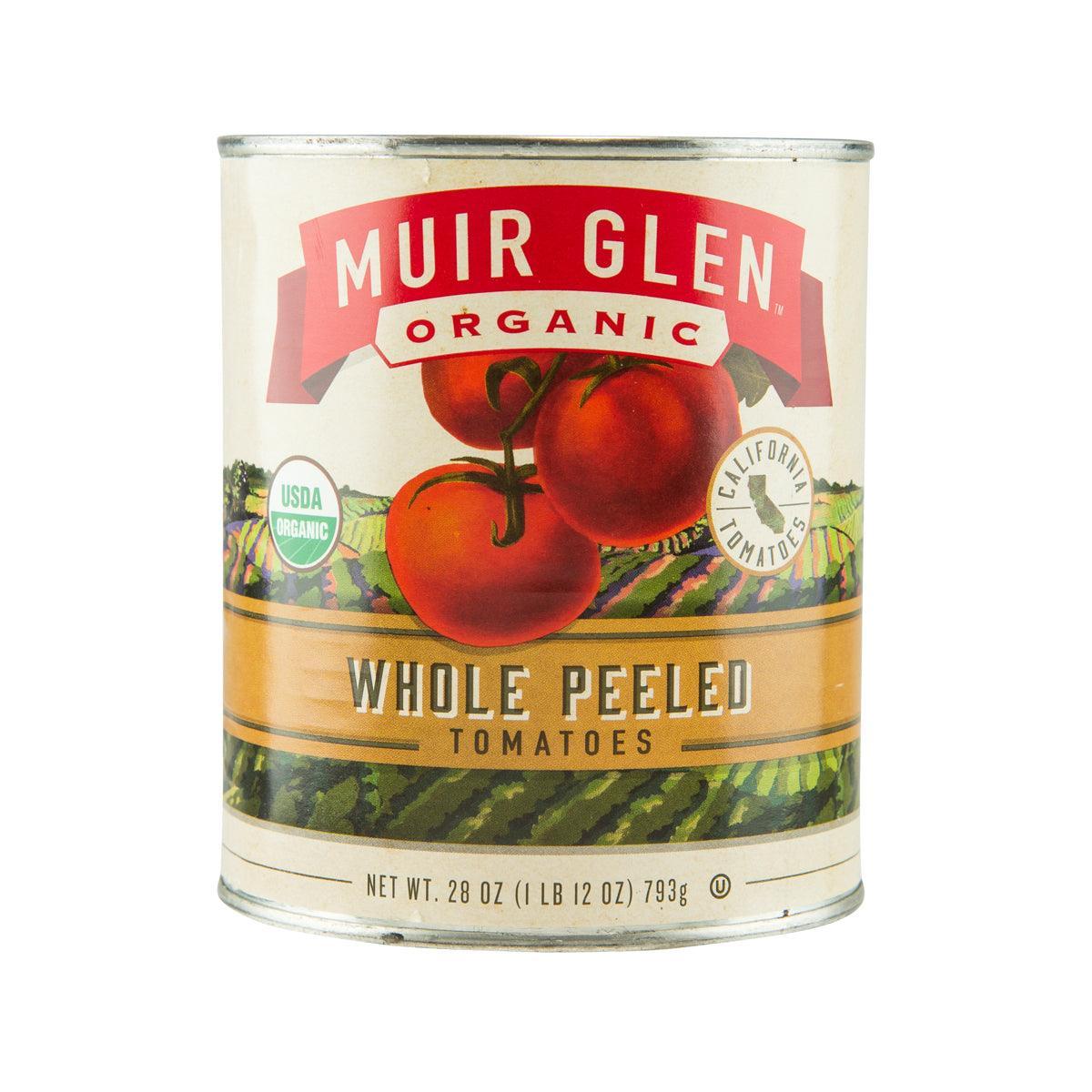 MUIR GLEN organic whole peeled tomatoes can, whole tomatoes on label
