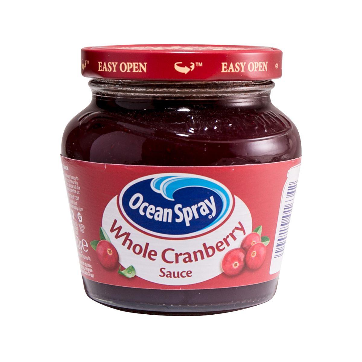 OceanSpray whole cranberry sauce jar with dark red sauce and easy-open lid