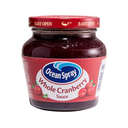OceanSpray whole cranberry sauce jar with dark red sauce and easy-open lid