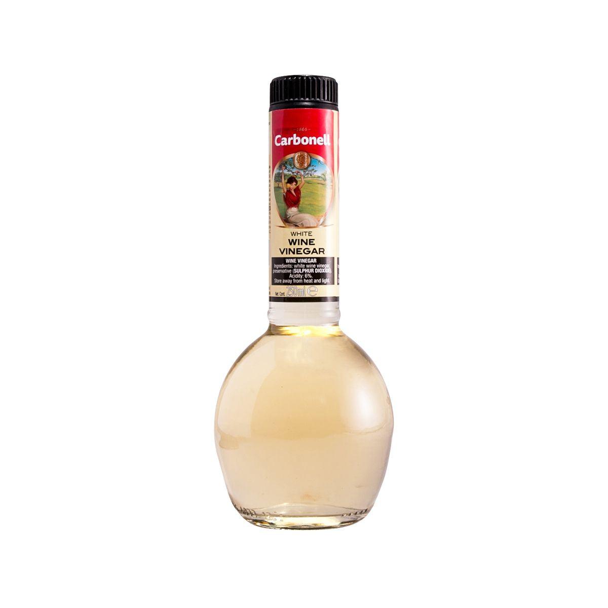 White wine vinegar bottle with black cap and beige label