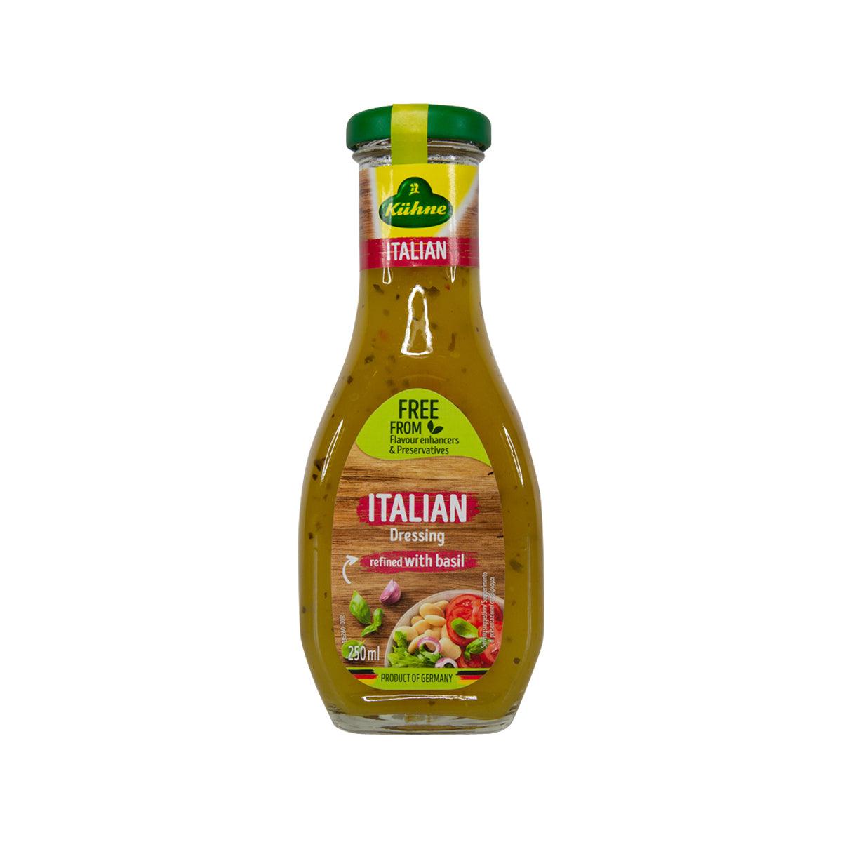 KUHNE Italian dressing bottle with green cap, labeled Italian and basil