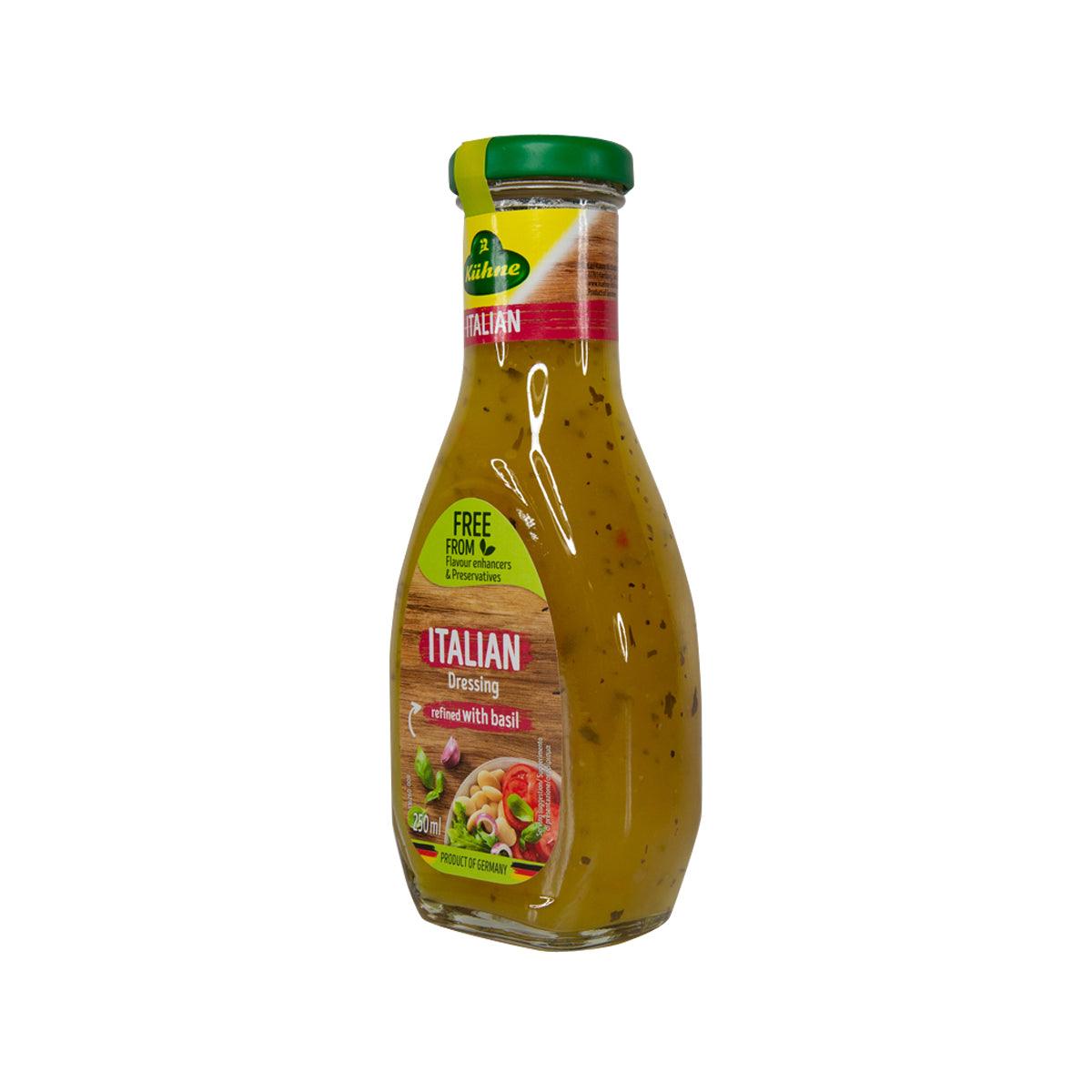 KUHNE Italian dressing bottle, green cap, Italian dressing with basil label