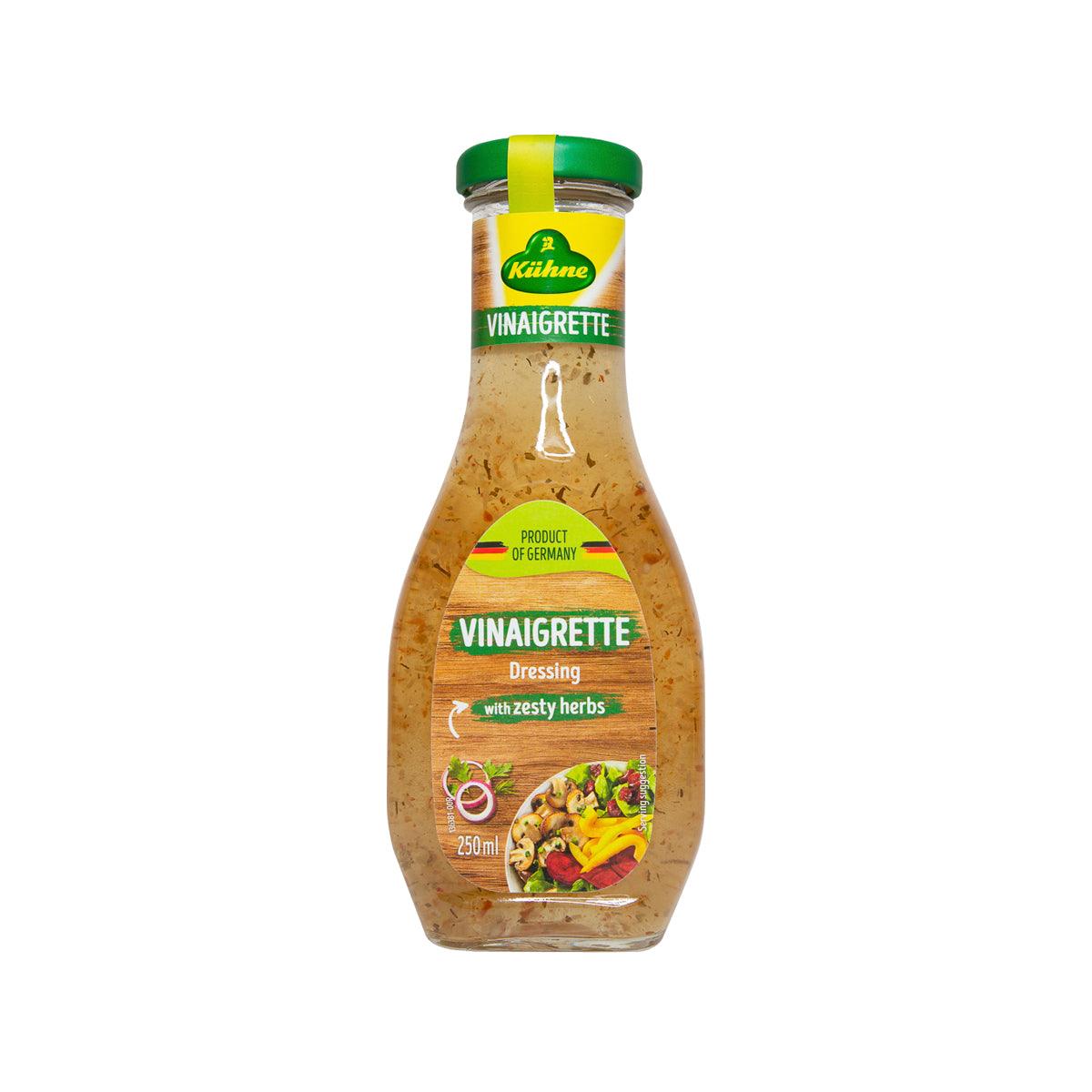 KUHNE vinaigrette dressing bottle 250 mL with green cap and herb label