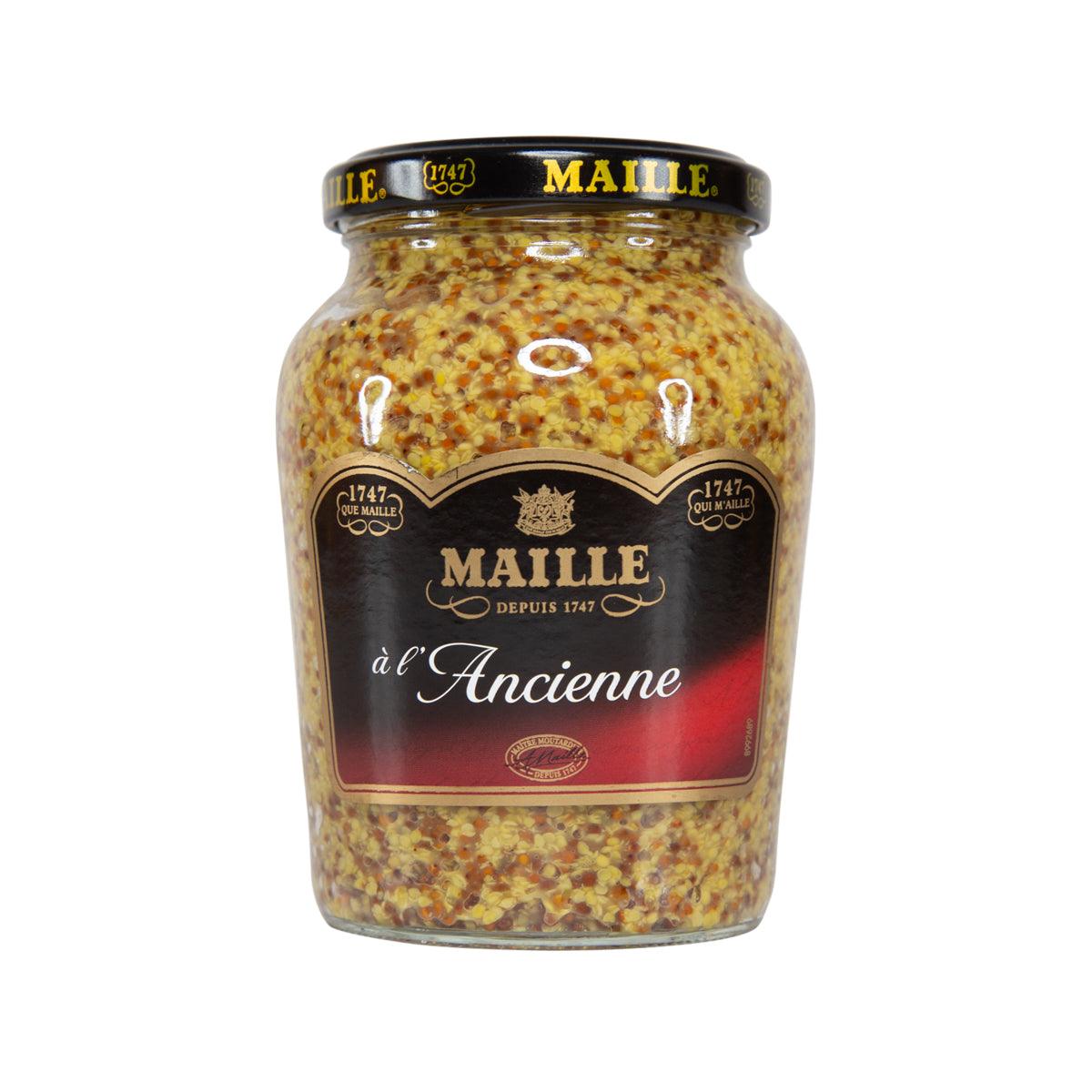 MAILLE mustard jar with wholegrain seeds, yellow-brown glass and 'Ancienne' label