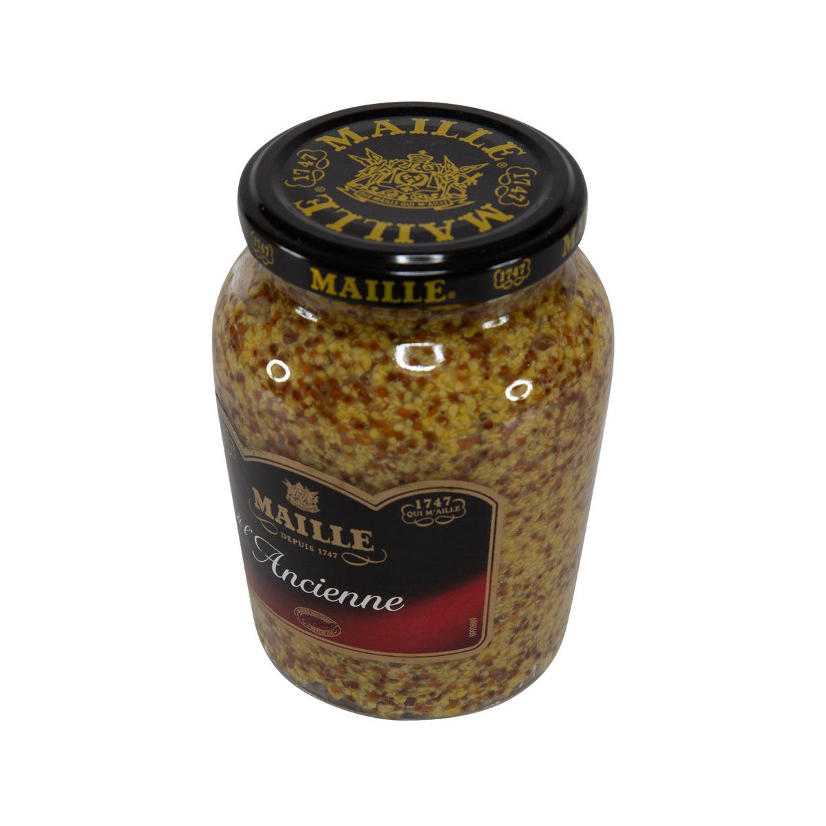 MAILLE mustard jar with black lid and 'Ancienne' label on yellow-brown contents
