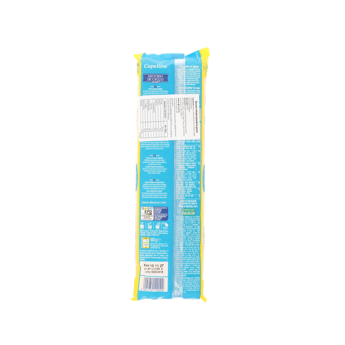 DE CECCO #9 capellini pasta pack, 500g, back label