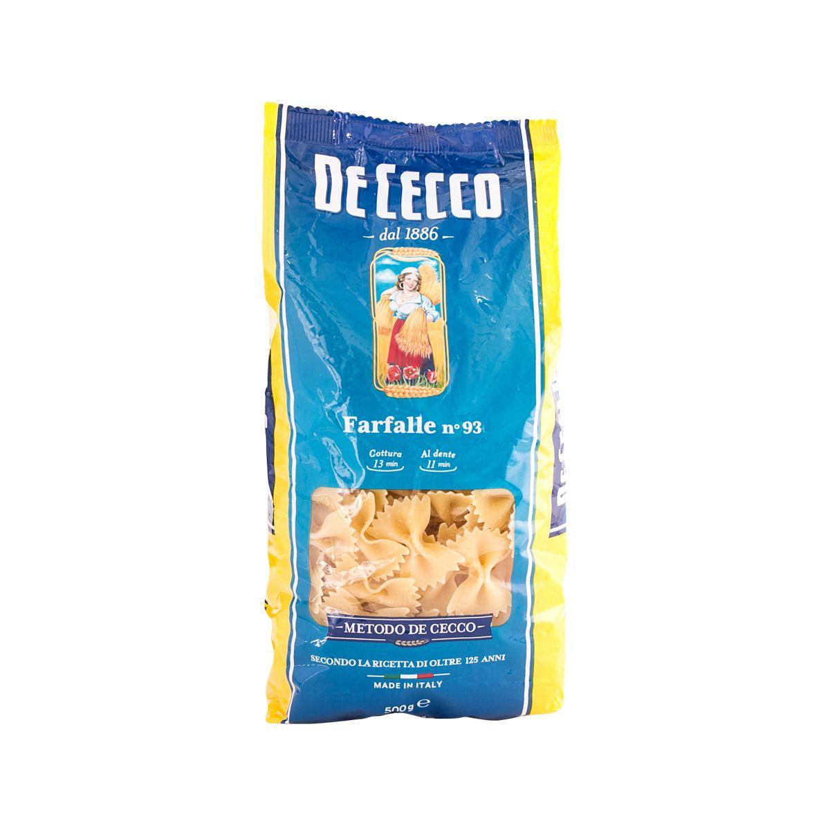 DE CECCO farfalle pasta bag, blue packaging with bow-tie pasta graphic and 500g