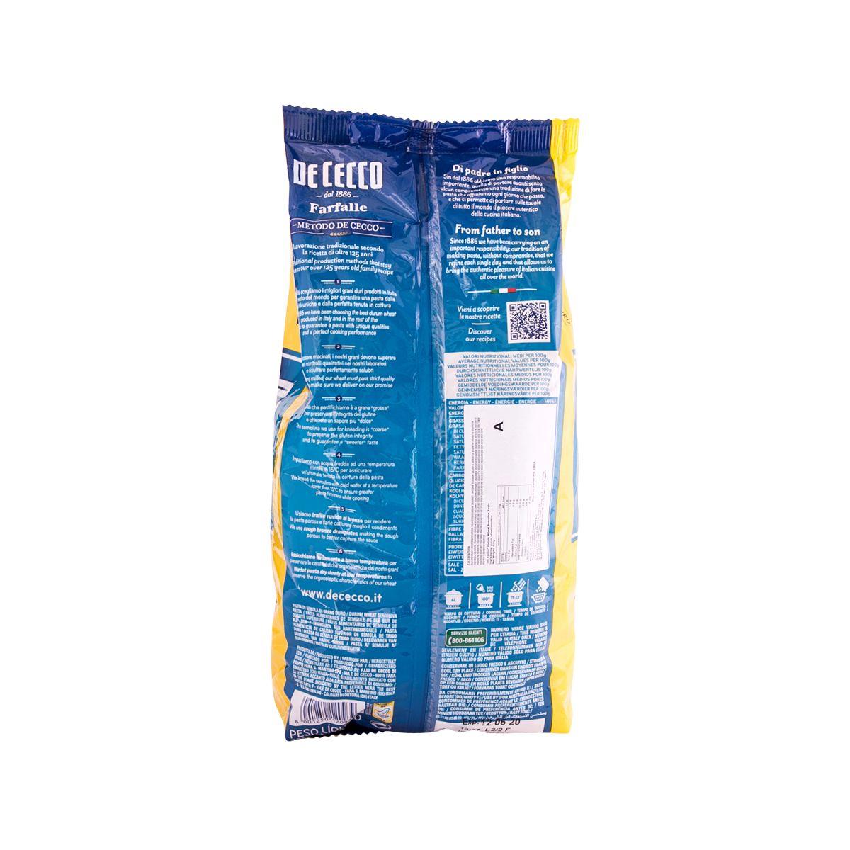 DE CECCO farfalle pasta bag, blue back label with ingredients and barcode