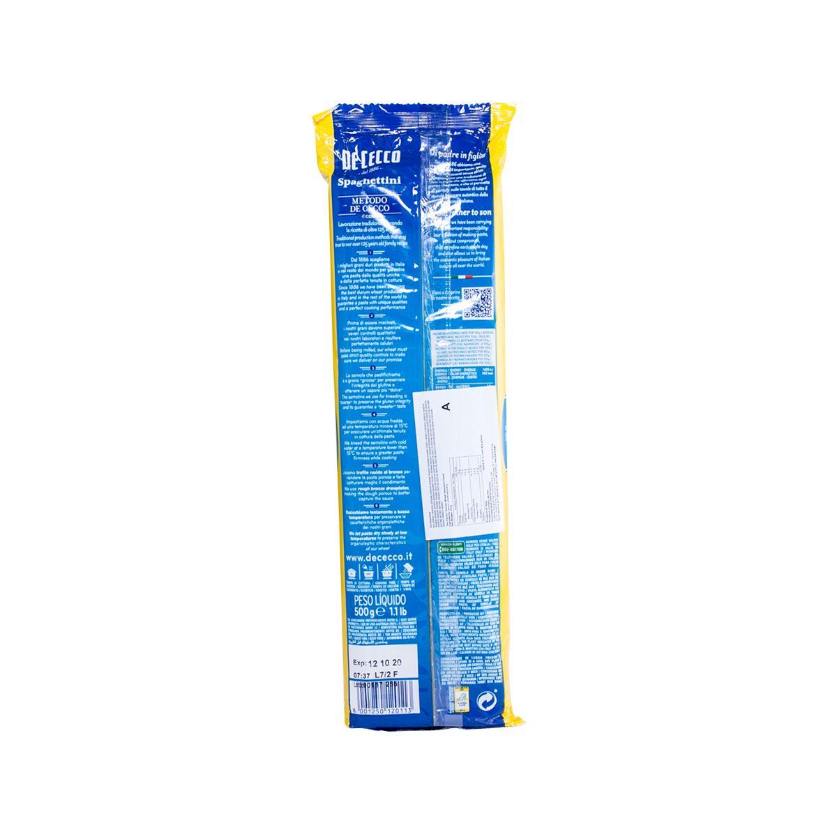 DE CECCO #11 spaghettini pasta 500g back package with barcode