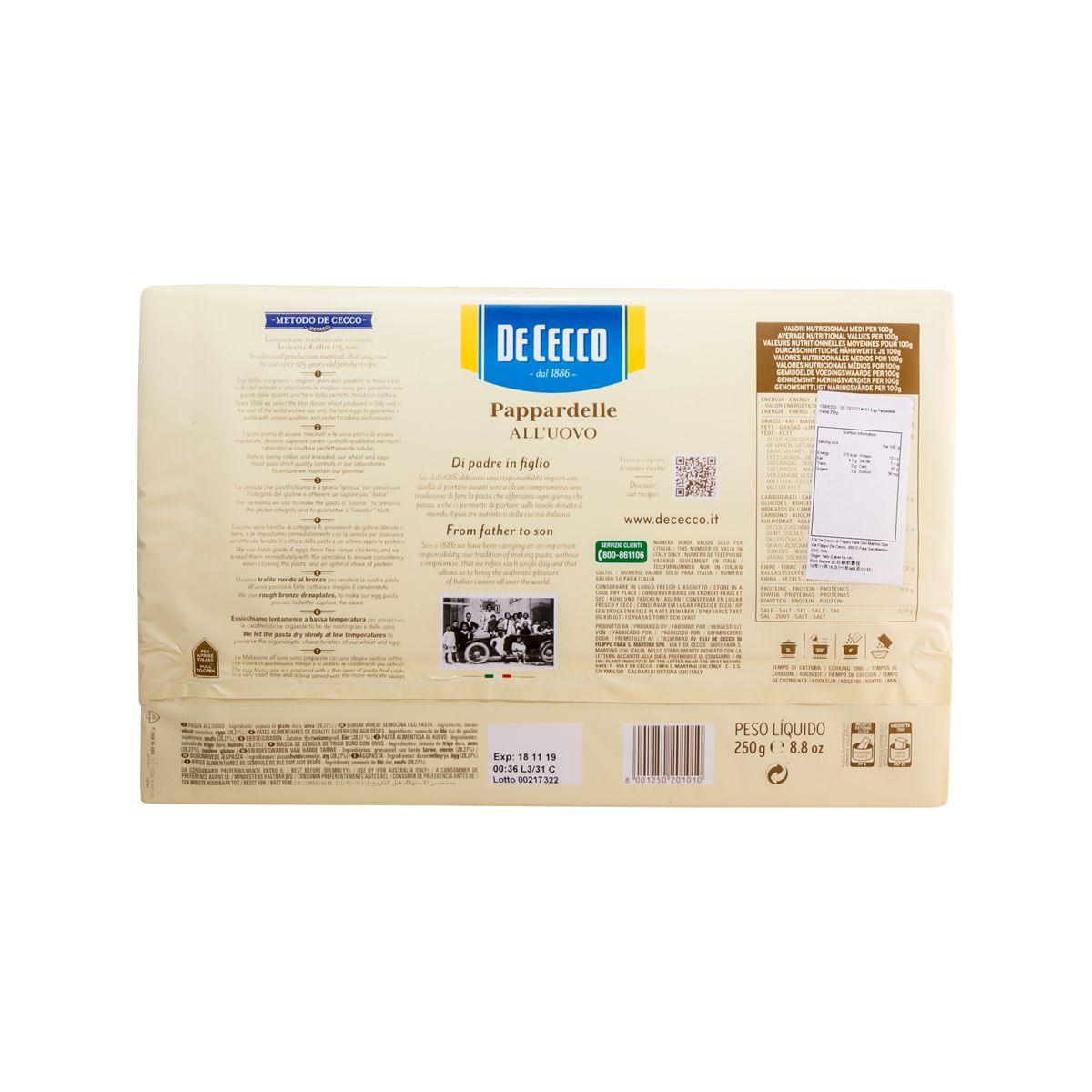 DE CECCO egg parpadelle pasta bag back with ingredient and nutrition details, 250 g